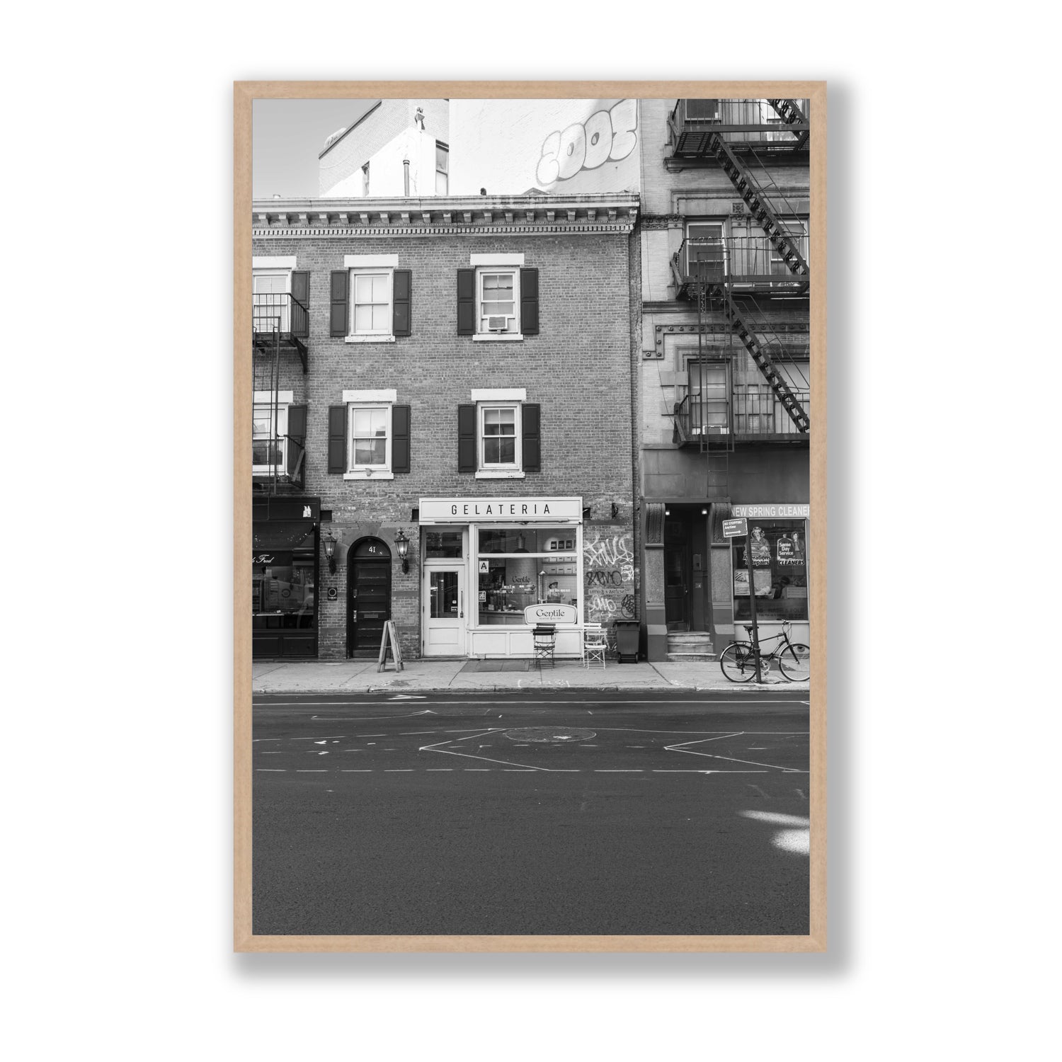 Gelateria New York NYC Black & White wall art Statement full-bleed fine art print in natural oak frame