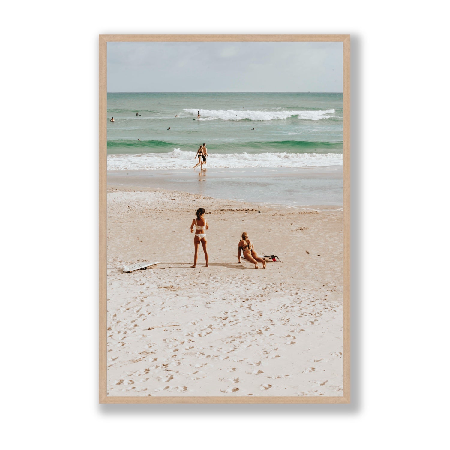 Gidget & Betty Byron Bay beach coastal wall art Statement full-bleed fine art print in natural oak frame