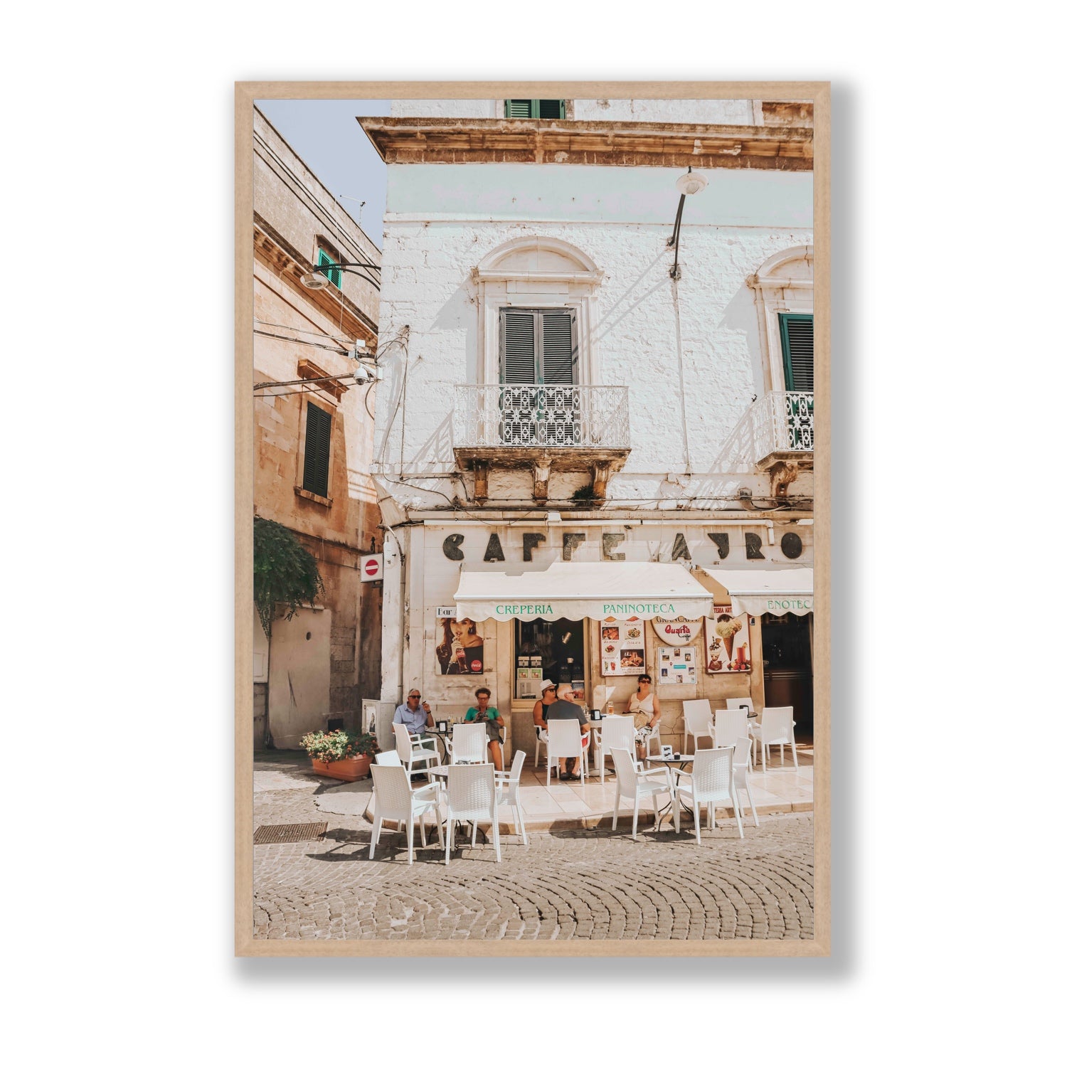 Cafe Ostuni Puglia Café Ostuni Italian wall art Statement full-bleed fine art print in natural oak frame