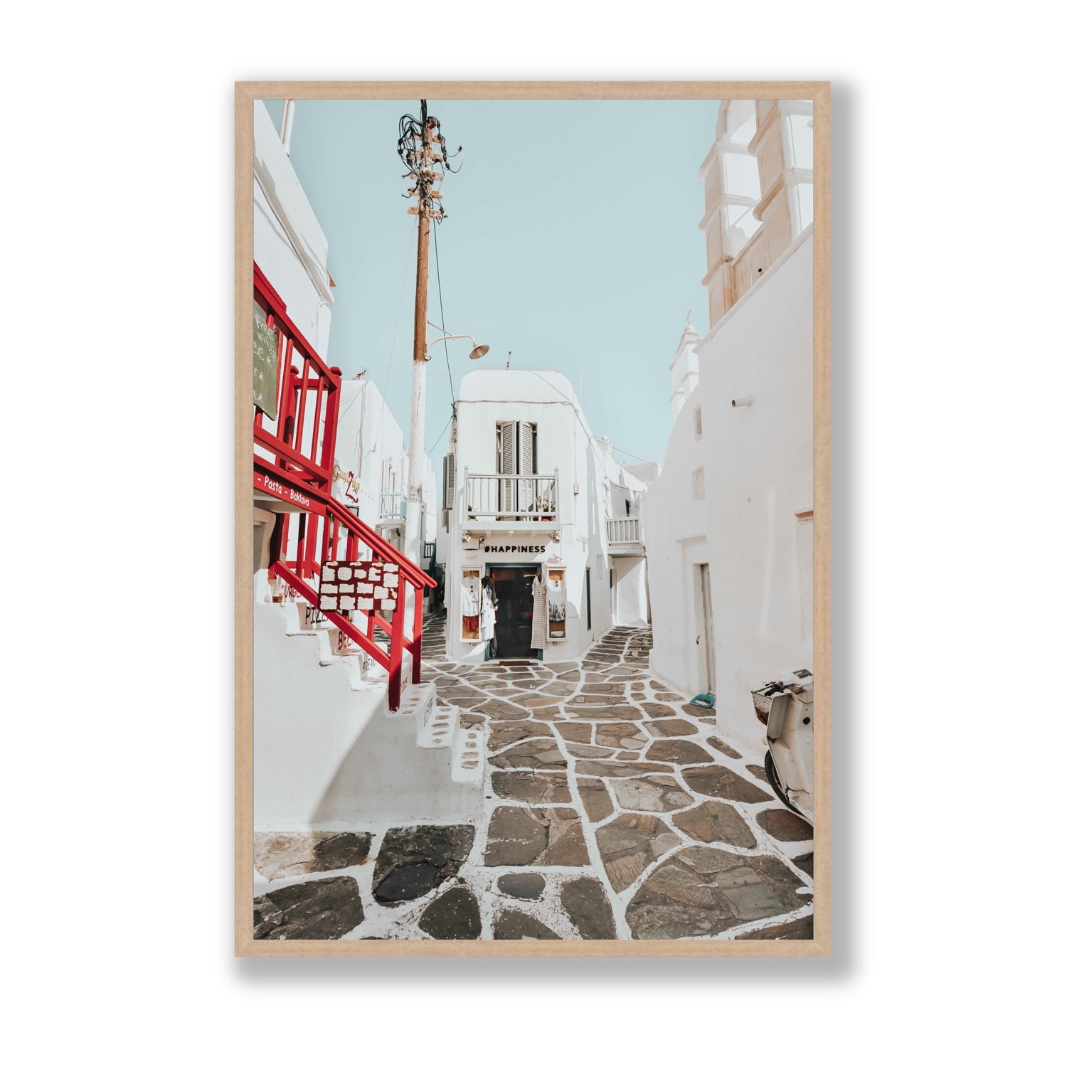 Happiness Mykonos Greek island wall art Statement full-bleed fine art print in natural oak frame