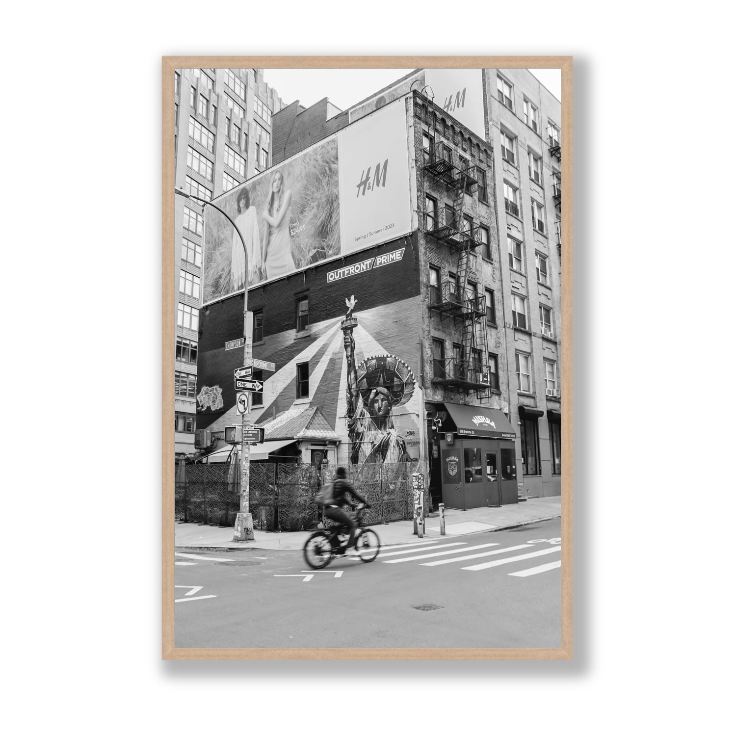 Shadows Of Liberty New York NYC Black & White wall art Statement full-bleed fine art print in natural oak frame