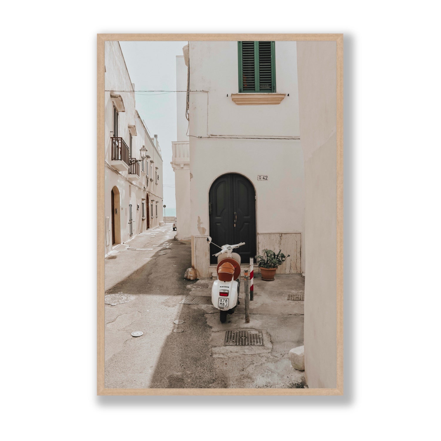 La Casa 42 Puglia Gallipoli Italian wall art Statement full-bleed fine art print in natural oak frame