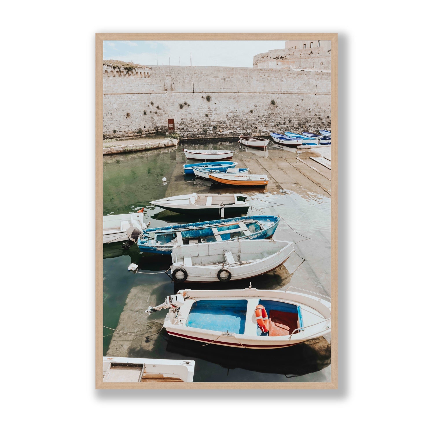Harbour Palette Puglia coastal photography wall art Statement full-bleed fine art print in natural oak frame