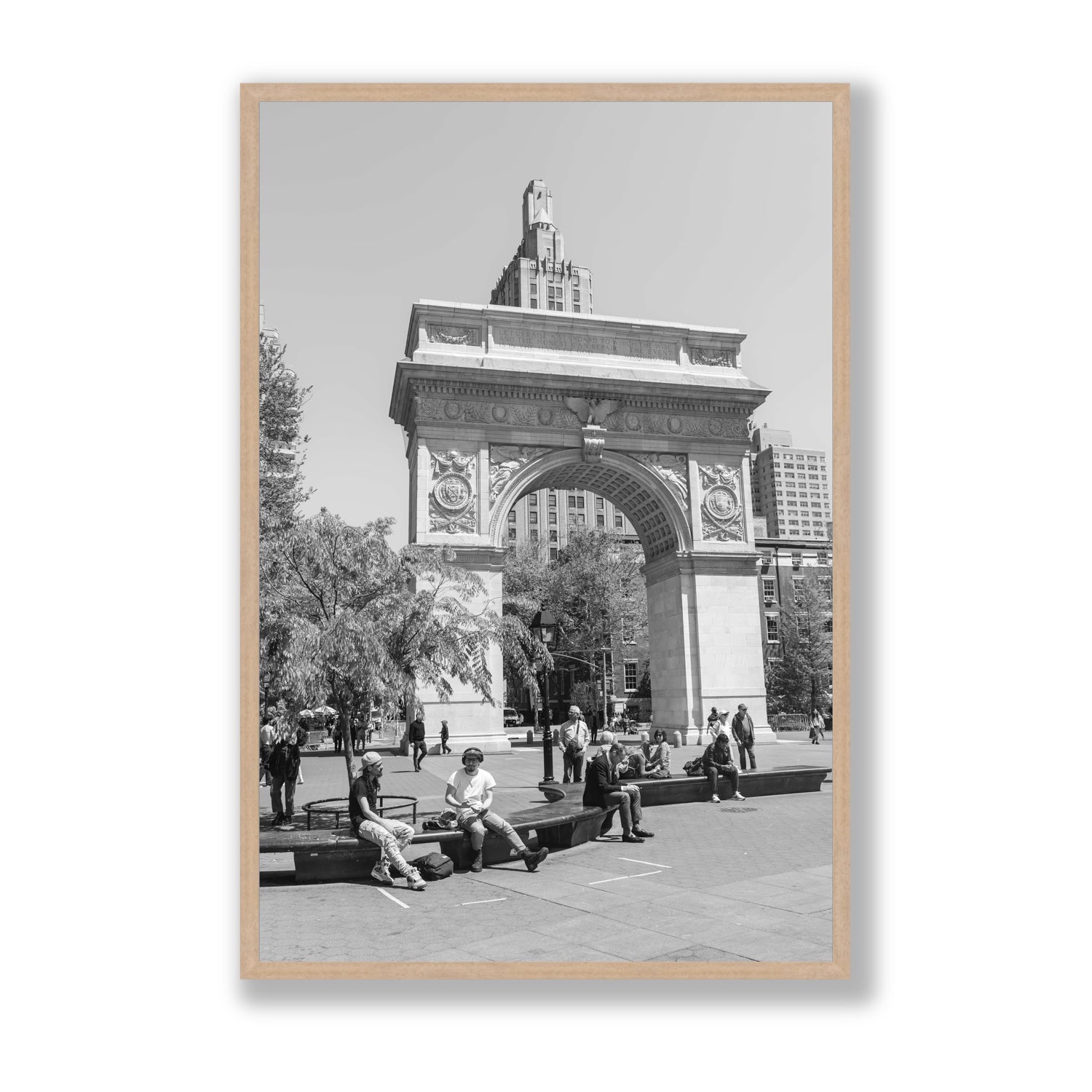 City Picnic New York NYC Black & White wall art Statement full-bleed fine art print in natural oak frame