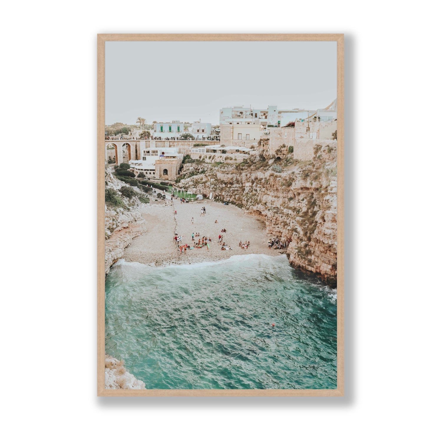 Polignano Vista Puglia coastal Italian beach fine art print Statement full-bleed fine art print in natural oak frame