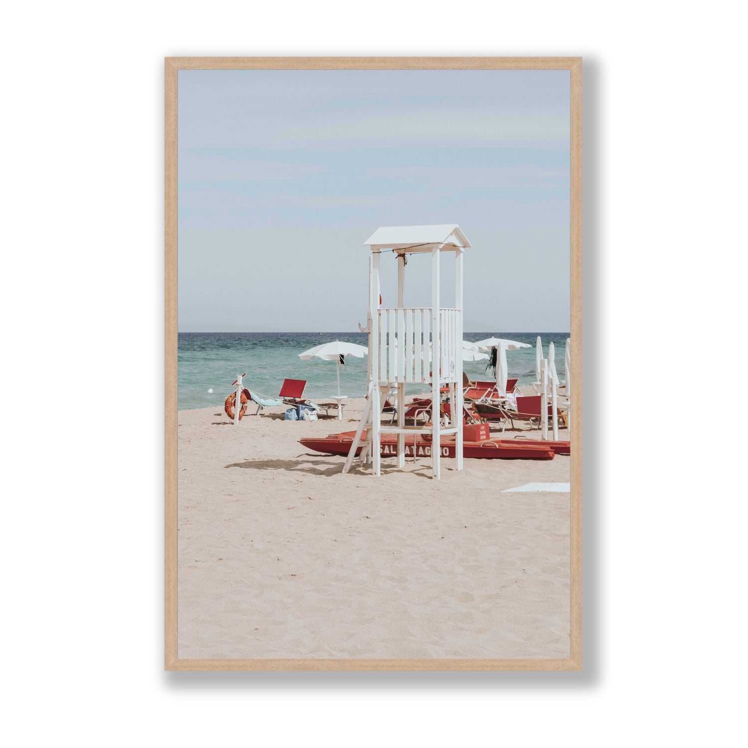 Barefoot Bliss Puglia beach Italian coastal decor wall art Statement full-bleed fine art print in natural oak frame