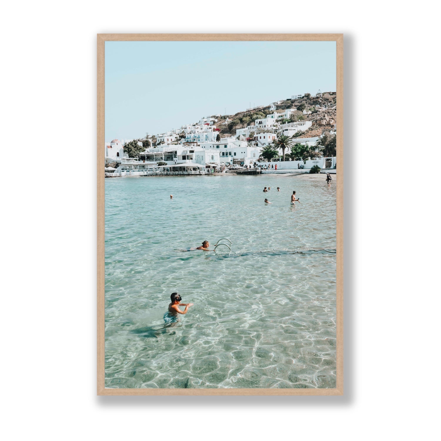 Beside The Seaside Mykonos beach Greek island wall art Statement full-bleed fine art print in natural oak frame
