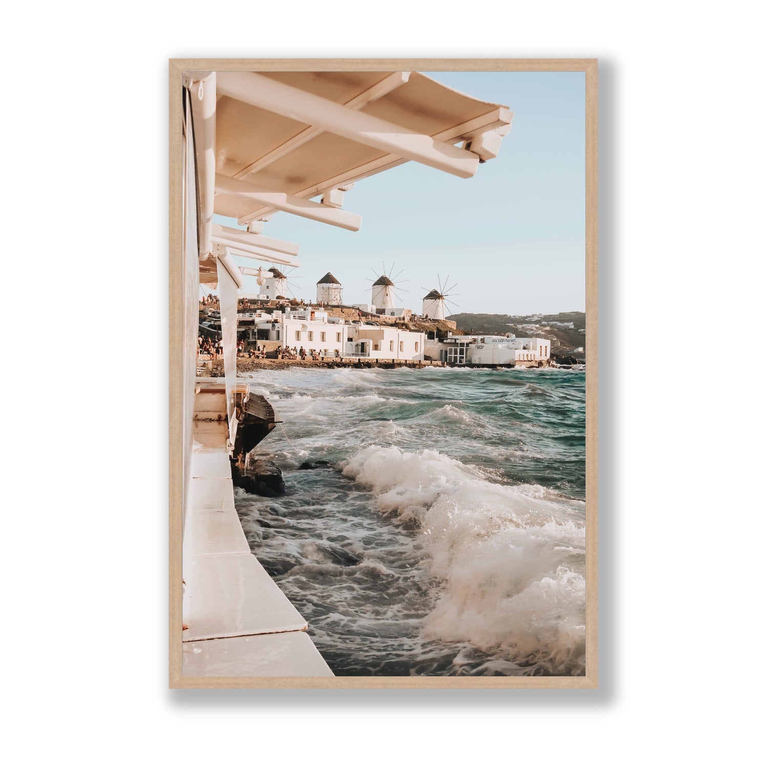 Windmills Mykonos Greek island wall art Statement full-bleed fine art print in natural oak frame