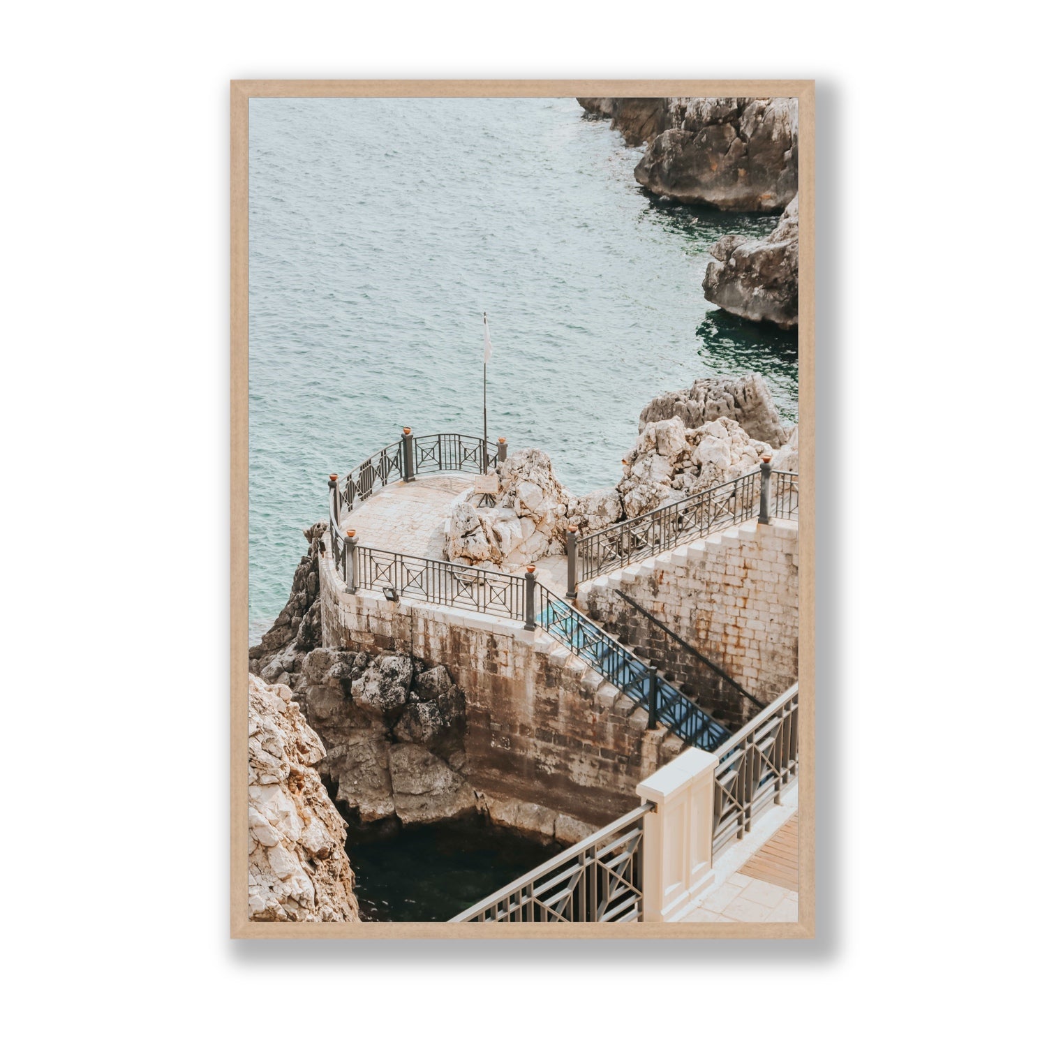 Tidal Staircase Puglia coastal Italian wall art Statement full-bleed fine art print in natural oak frame