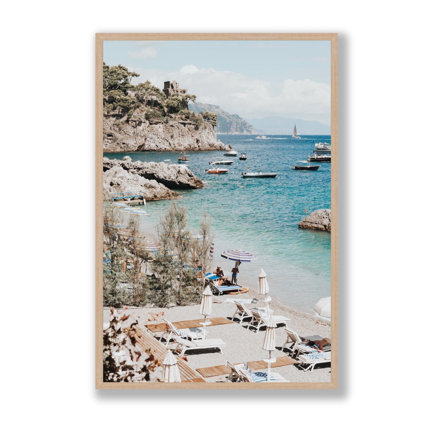 Sizzling Summer Days Amalfi coastal wall art Statement full-bleed fine art print in natural oak frame
