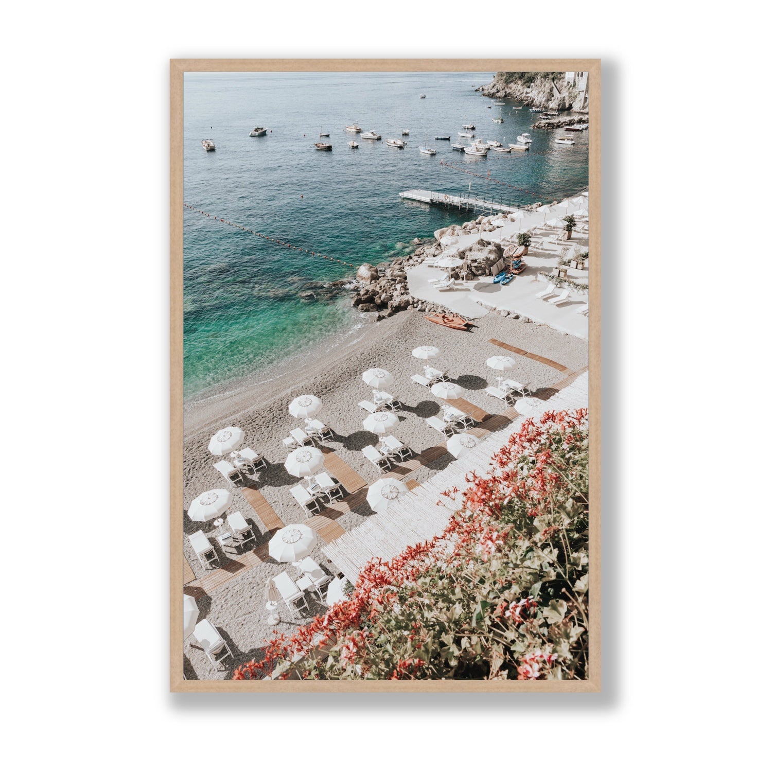 Tranquil Oasis Amalfi coastal wall art Statement full-bleed fine art print in natural oak frame