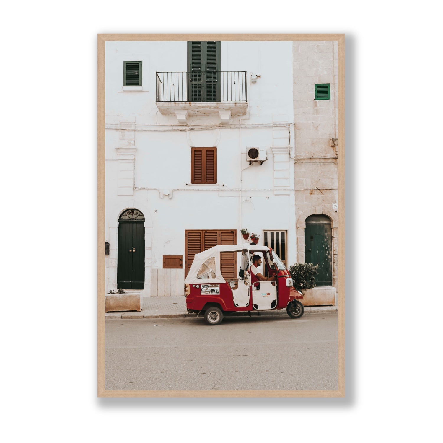 Groovy Piaggio Puglia Italian wall art Statement full-bleed fine art print in natural oak frame