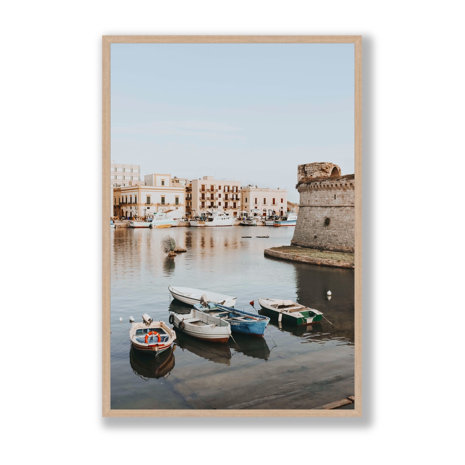 Gallipoli Harbour Puglia coastal wall art Statement full-bleed fine art print in natural oak frame
