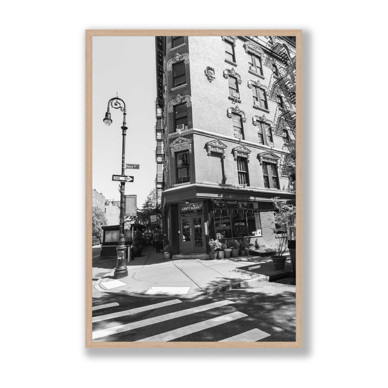 Parisian On Perry New York NYC Black & White wall art Statement full-bleed fine art print in natural oak frame