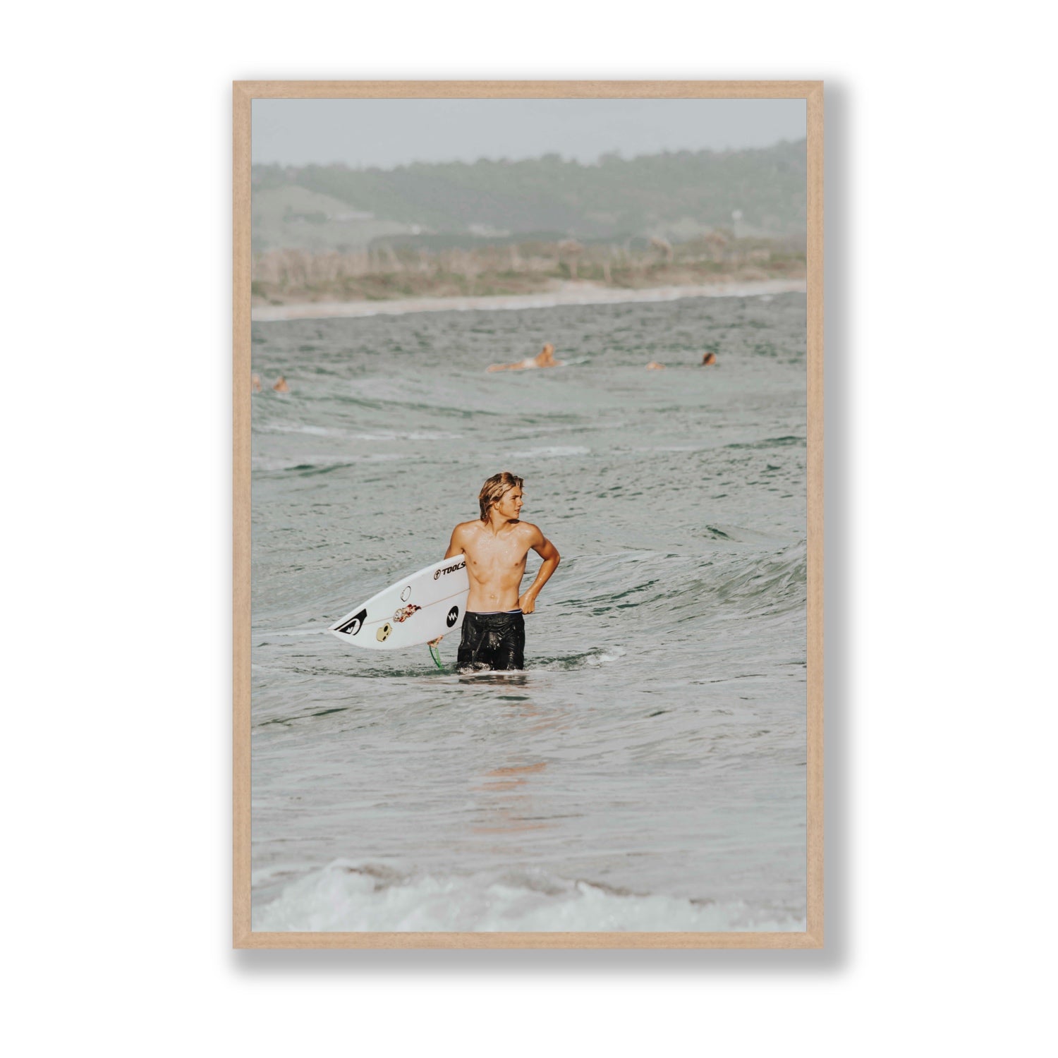 Chasing Mavericks Byron Bay Surf coastal wall art Statement full-bleed fine art print in natural oak frame