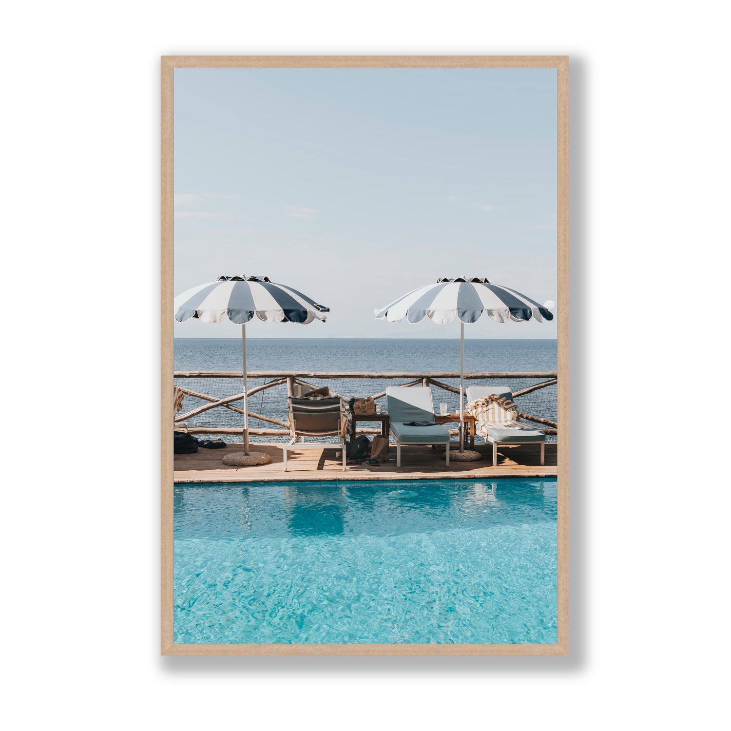 Beach Retreat fine art print, Ischia, Italy, european beach clubs artwork, Statement, Natural Oak Frame · Full Bleed, Fine Art Print