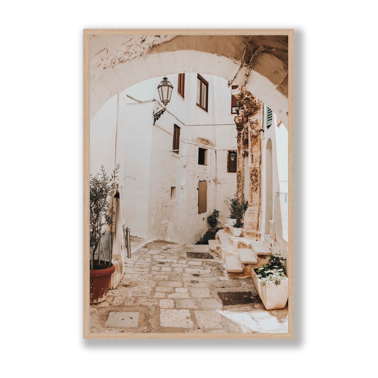 Pathway Wander Puglia Ostuni wall art Statement full-bleed fine art print in natural oak frame