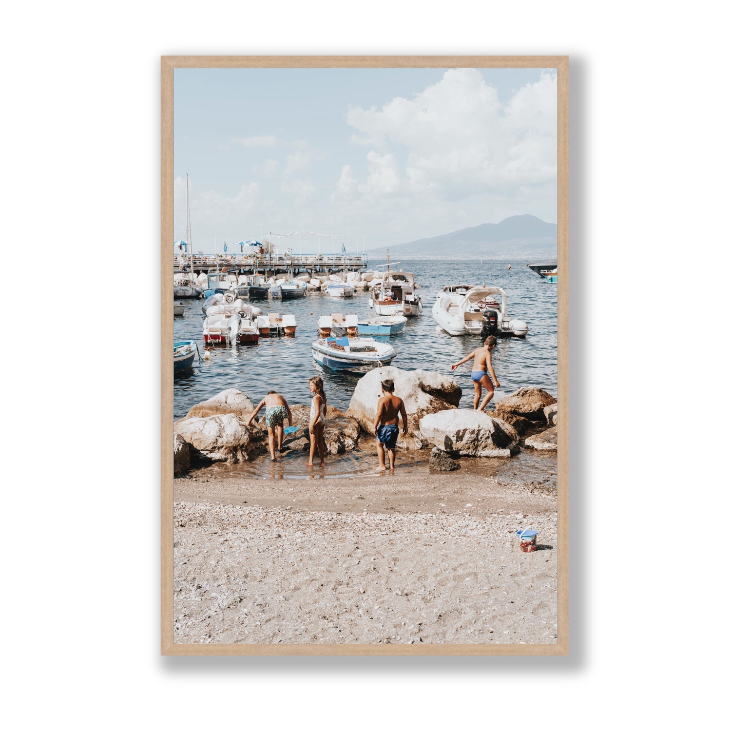 Searching For Treasures Sorrento coastal wall art Statement full-bleed fine art print in natural oak frame