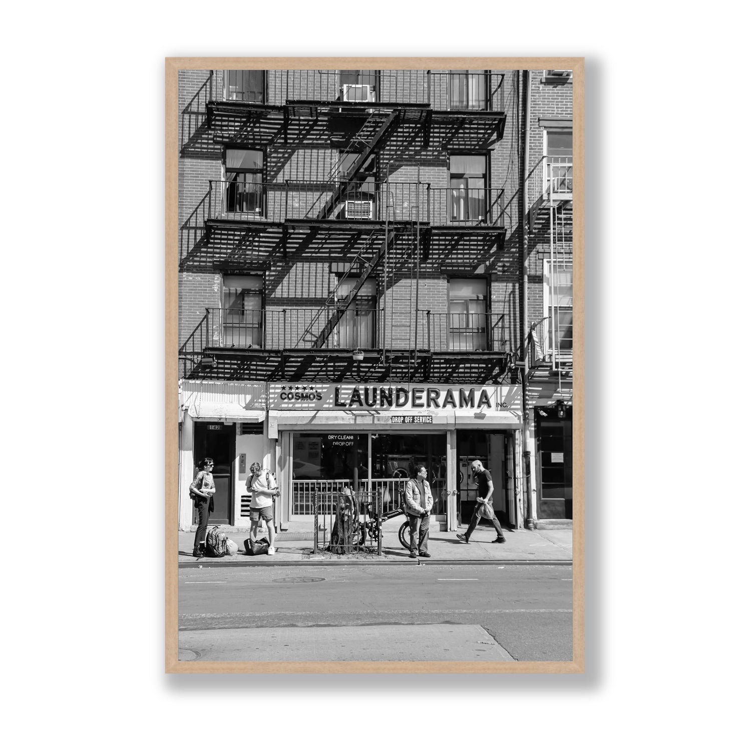 Bus Stop New York NYC Black & White wall art Statement full-bleed fine art print in natural oak frame