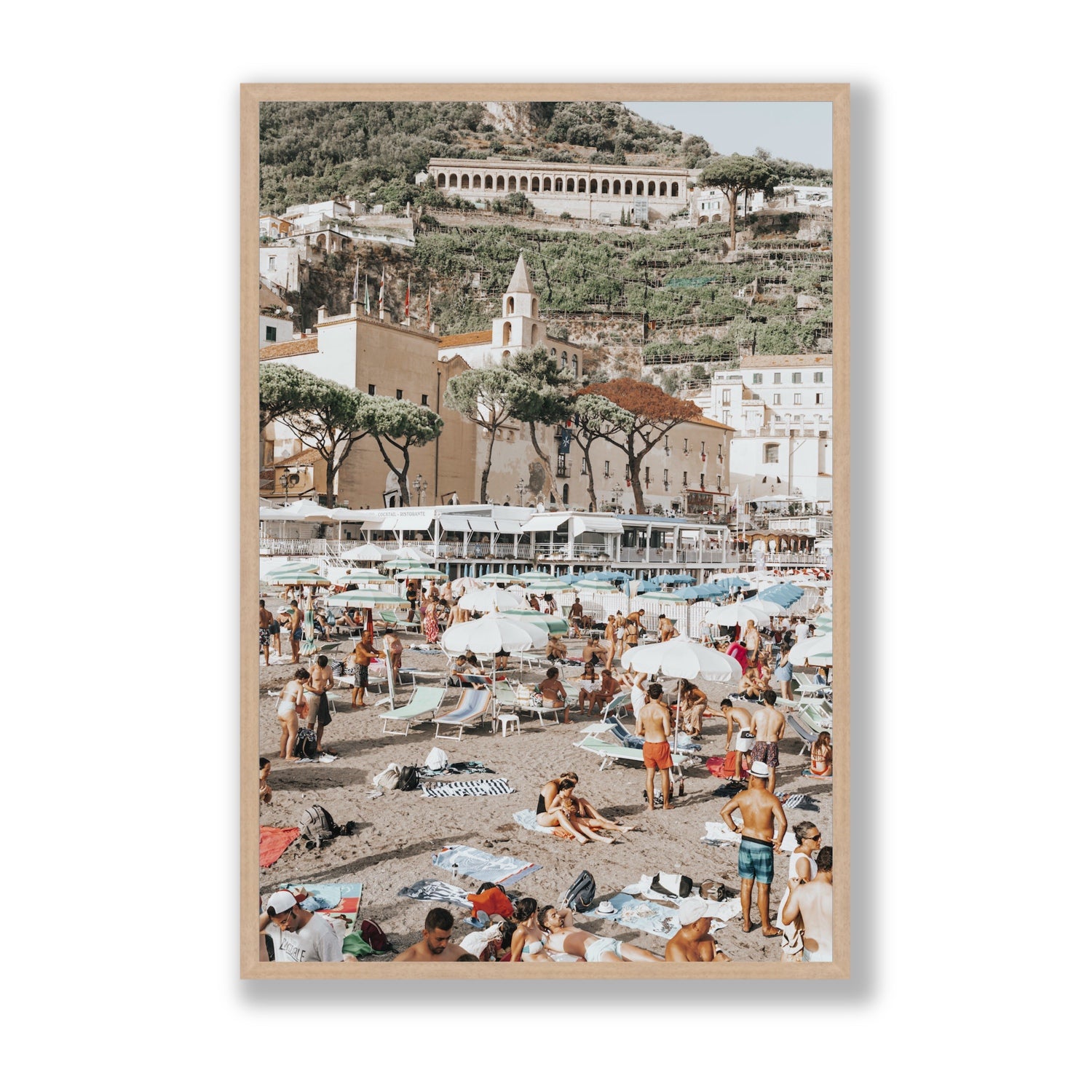 Festa In Spiaggia Amalfi coastal wall art Statement full-bleed fine art print in natural oak frame