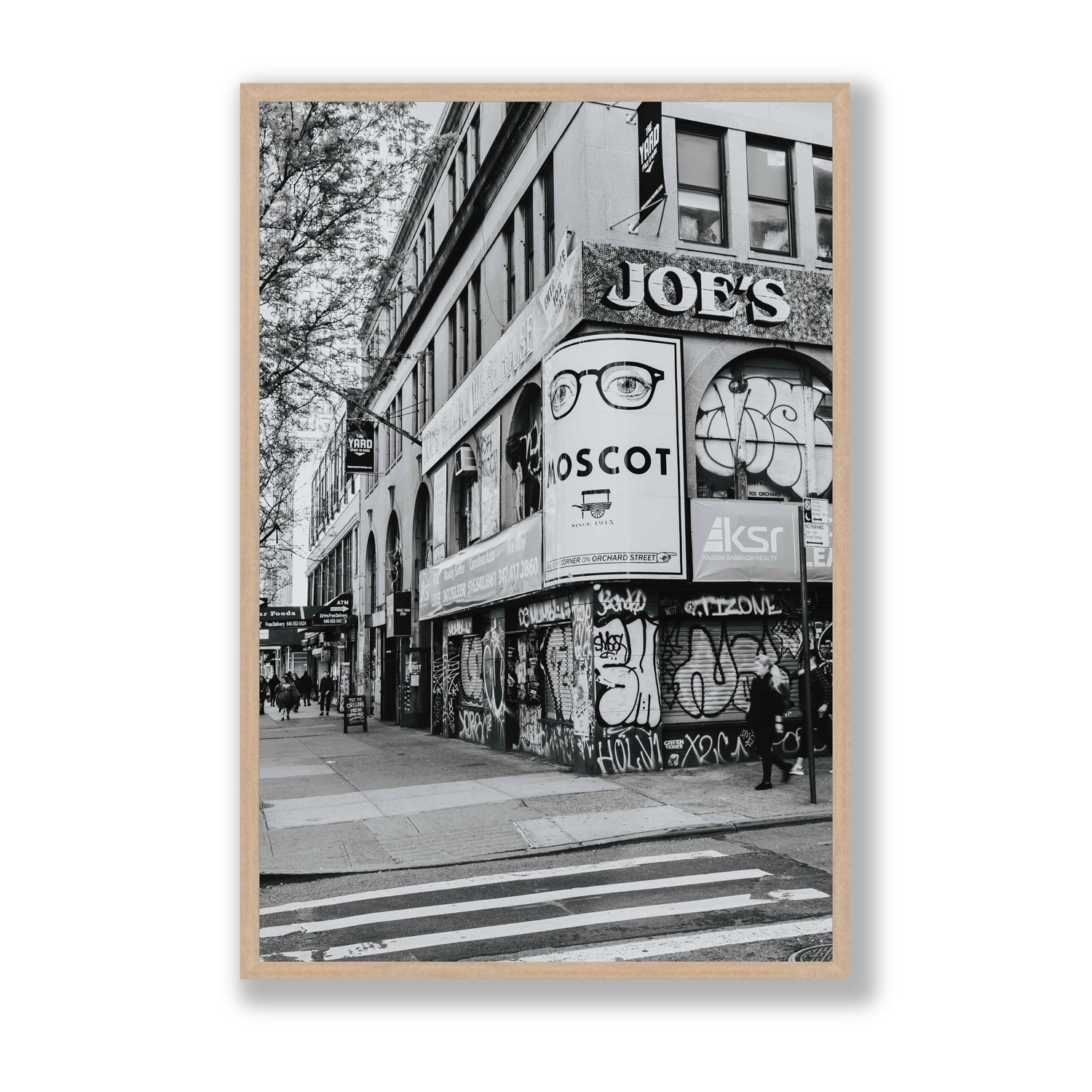 Lower East Side Murals New York NYC Black & White wall art Statement full-bleed fine art print in natural oak frame