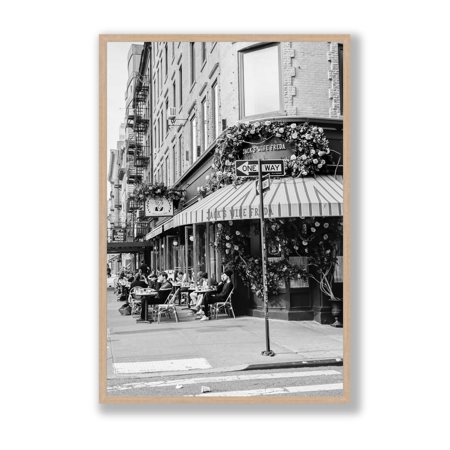 Freda's Feast New York NYC Black & White wall art Statement full-bleed fine art print in natural oak frame