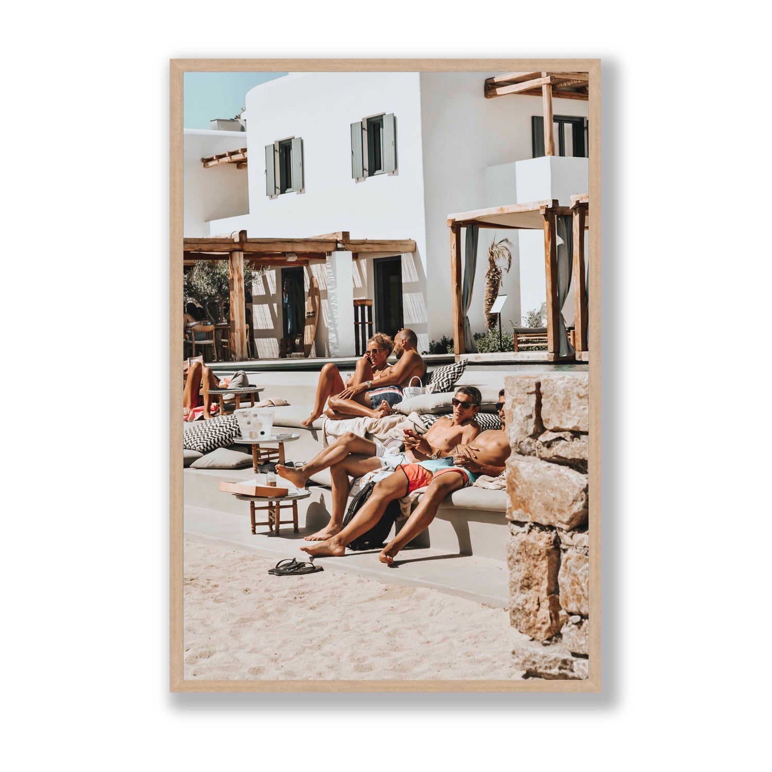 Style That Sizzles Mykonos Greek island wall art Statement full-bleed fine art print in natural oak frame