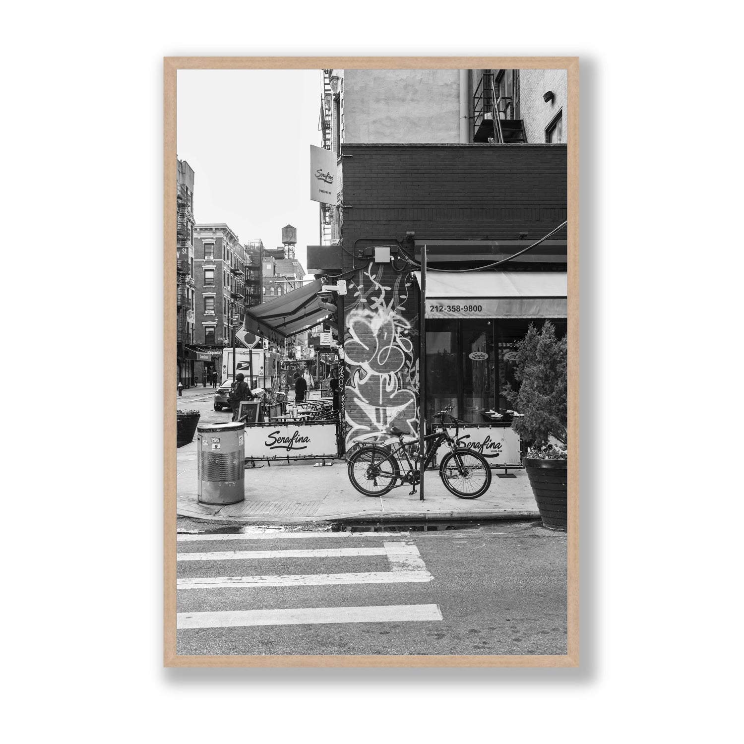 Cafe Canvas New York NYC Black & White wall art Statement fine art canvas in natural oak frame view 2