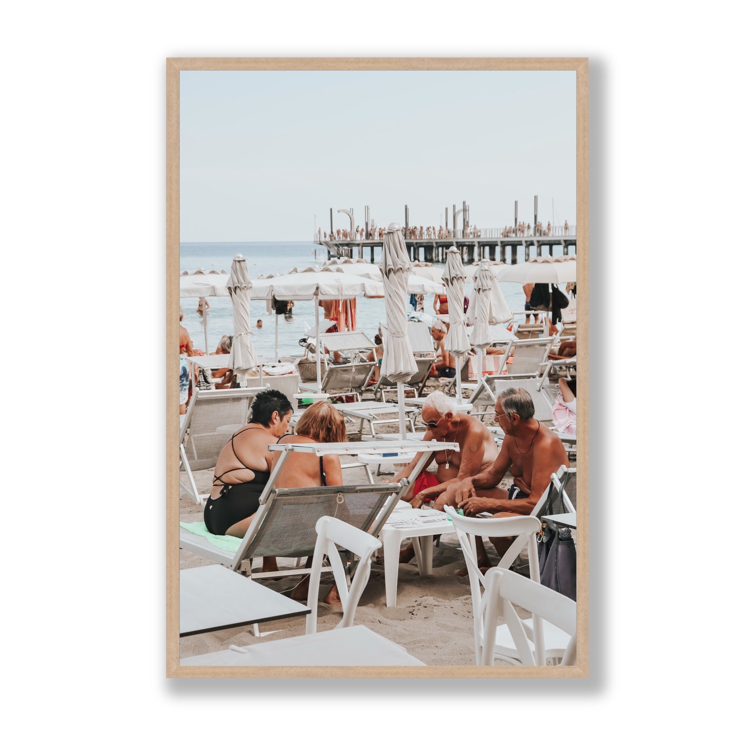 Salted Shuffle fine art print, Alassio, Italy, people and locals artwork, Statement, Natural Oak Frame · Full Bleed, Fine Art Print
