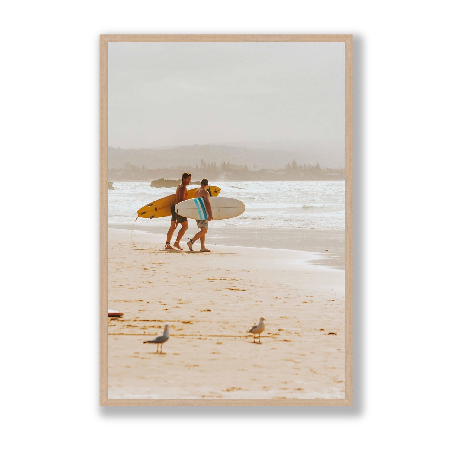 Shane & Benji Byron Bay Surf coastal wall art Statement full-bleed fine art print in natural oak frame