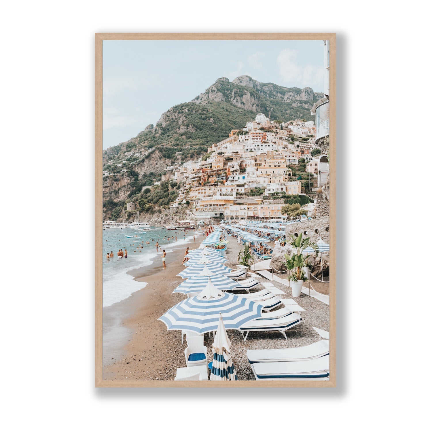 The Cliffside Village fine art print, Positano, Italy, Statement, Natural Oak Frame · Full Bleed, Fine Art Print