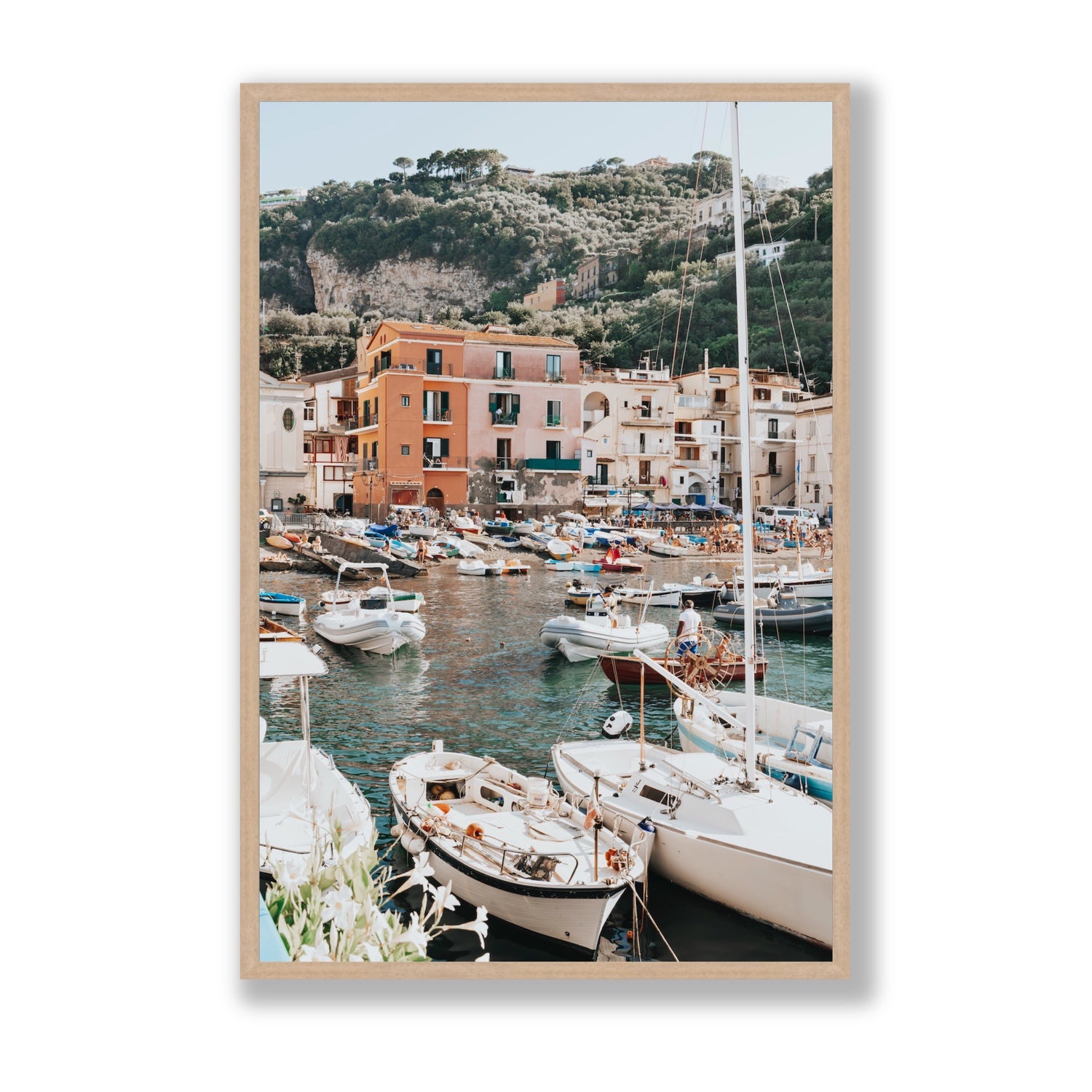 Marina Grande Sorrento coastal Italian wall art Statement full-bleed fine art print in natural oak frame