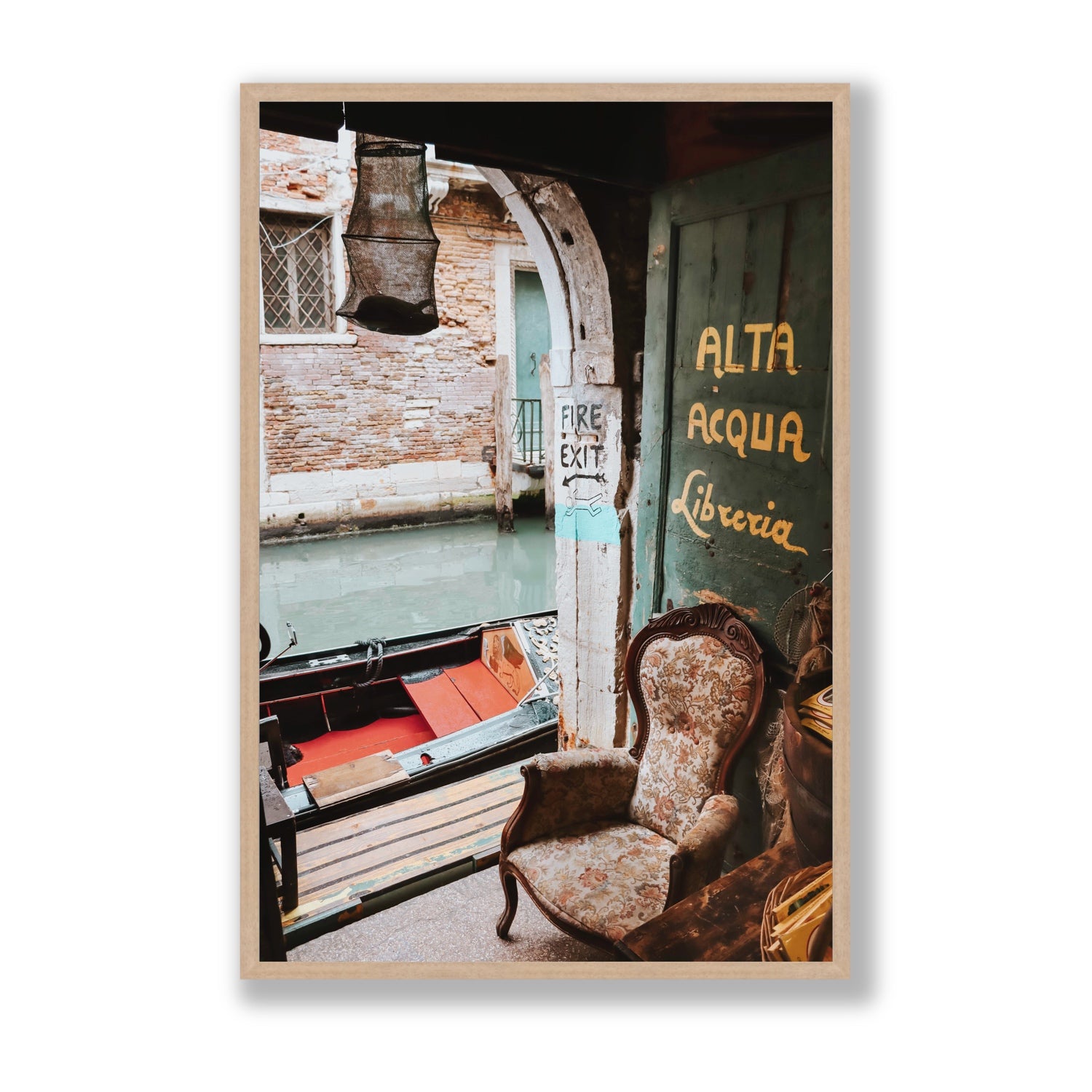Alta Acqua Venice Bookstore wall art Statement full-bleed fine art print in natural oak frame