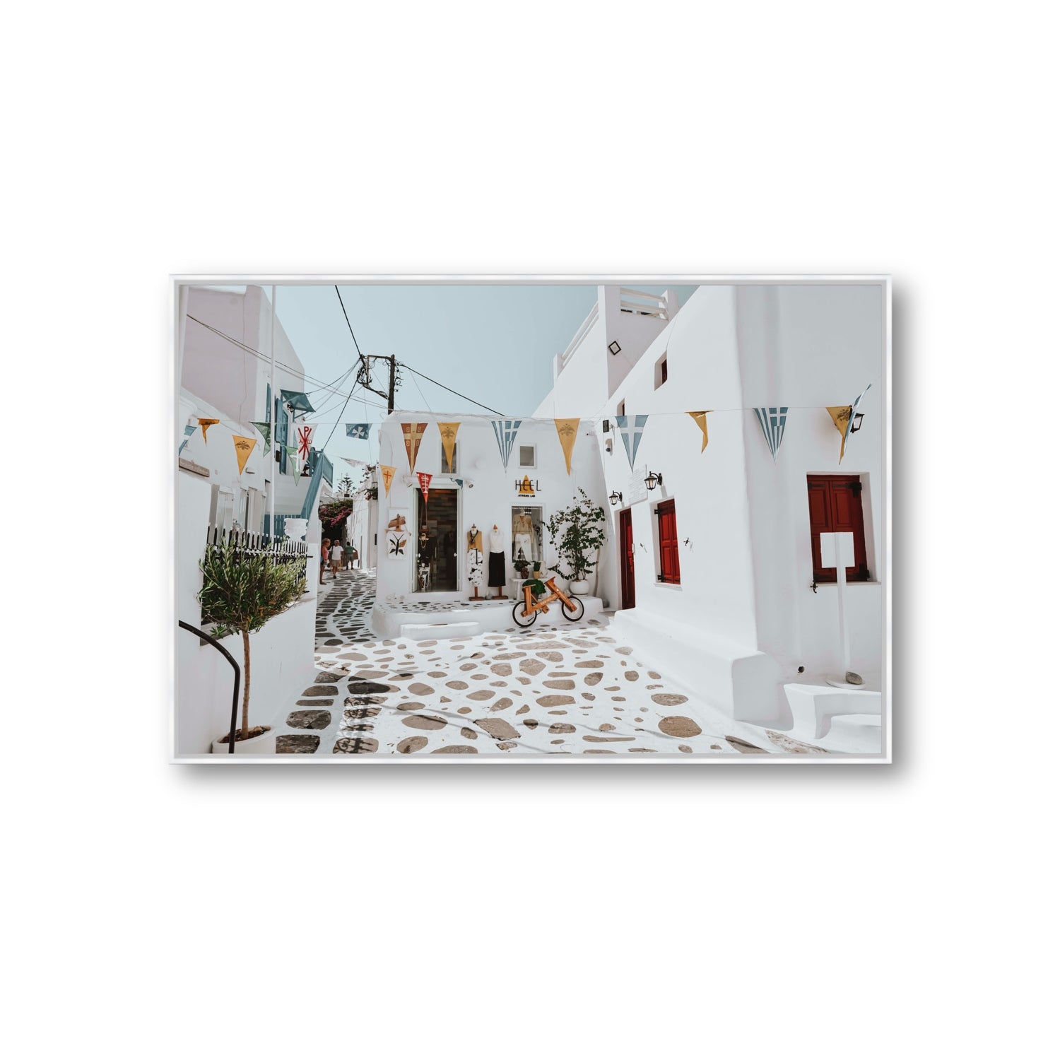 Cruising The Streets Mykonos Greek island wall art Giant fine art canvas in white float frame