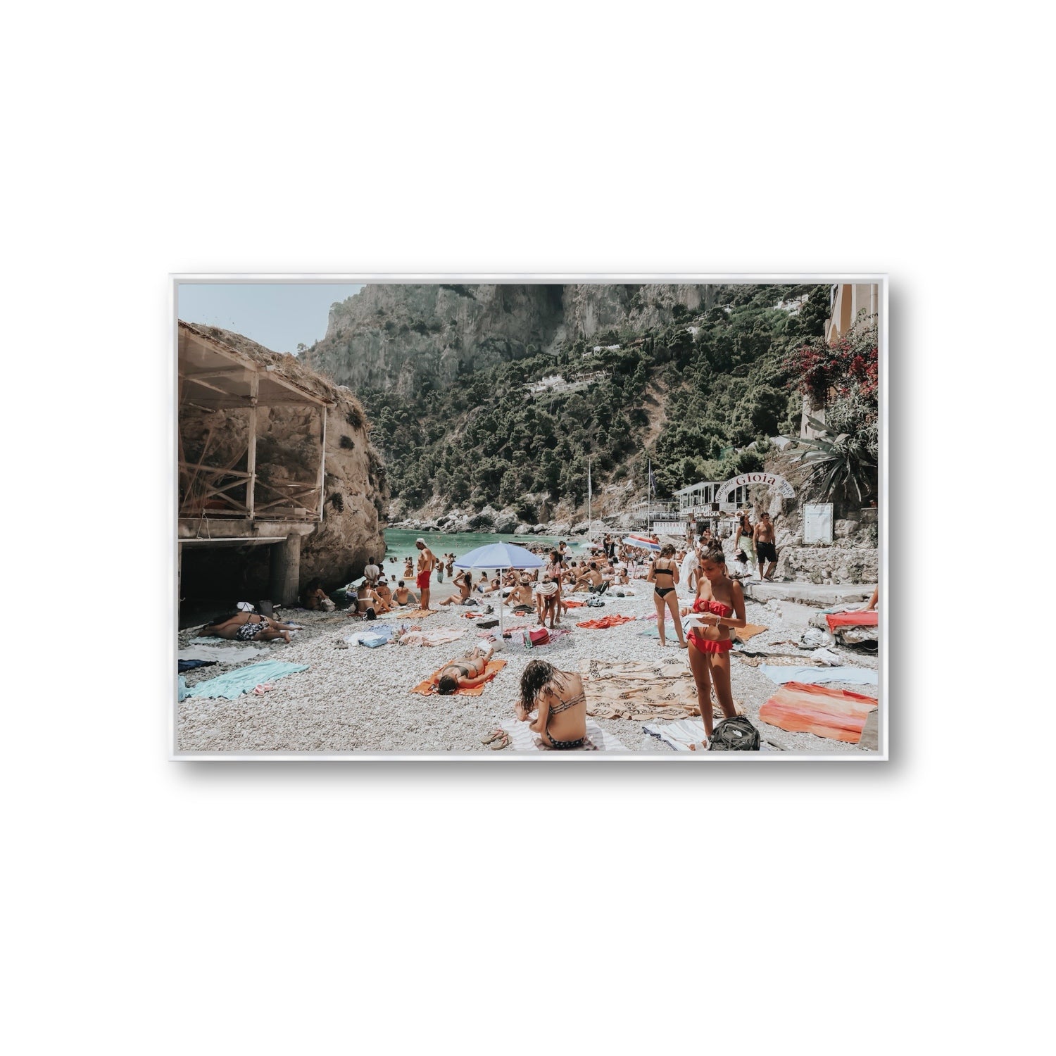Spiaggia Da Gioia Capri beach coastal wall art Giant fine art canvas in white float frame