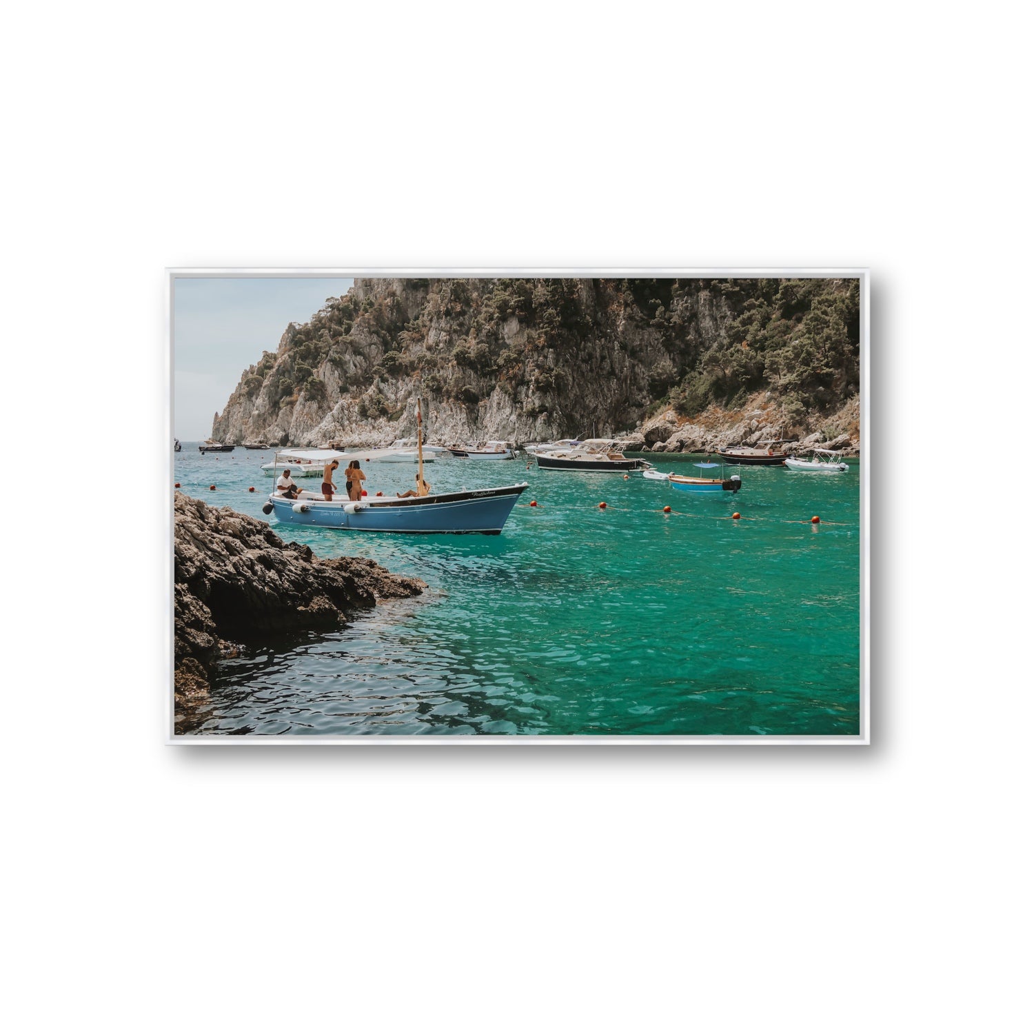 Cozy Cove Capri coastal Mediterranean wall art Giant fine art canvas in white float frame