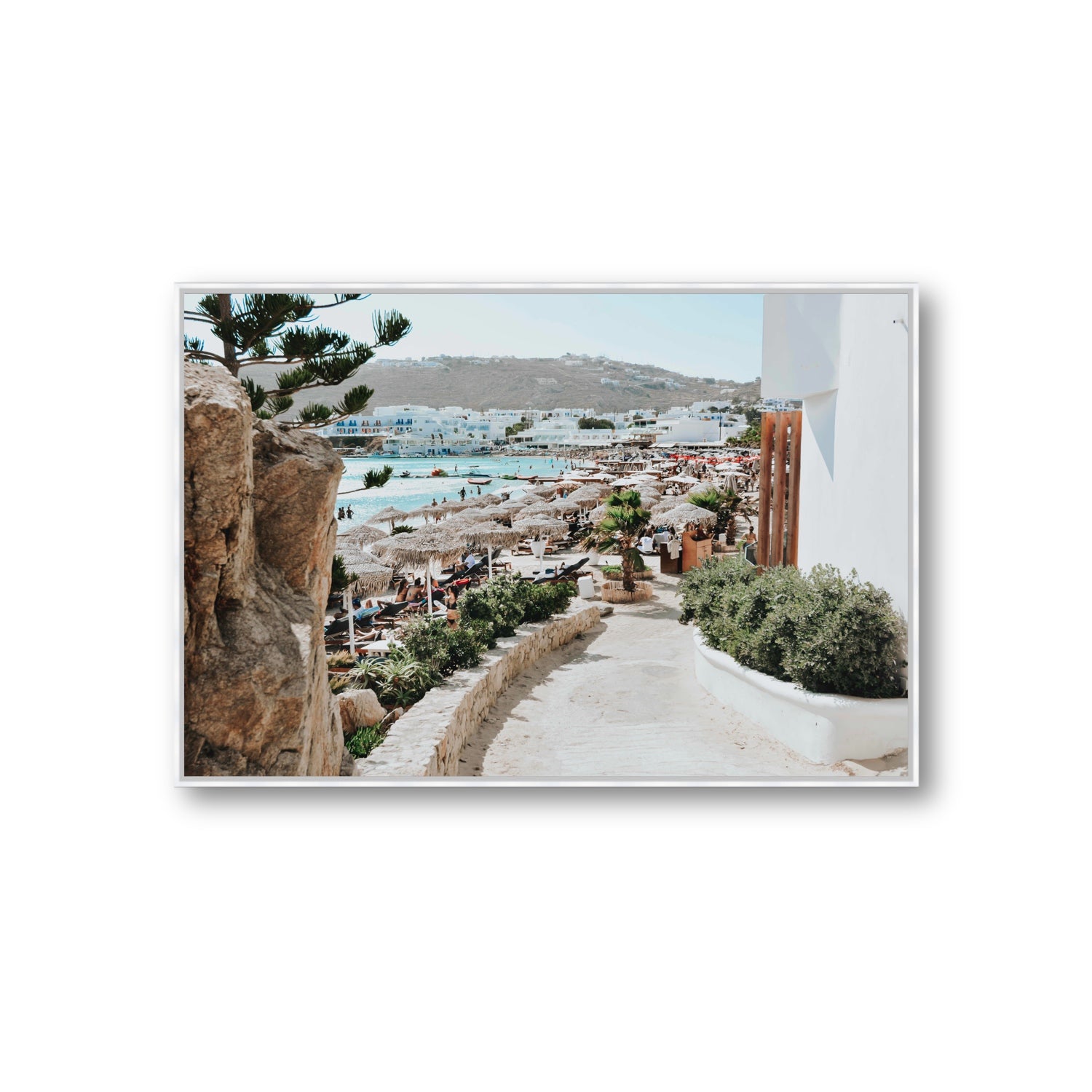 Kalimera Mykonos Greek island wall art Giant fine art canvas in white float frame