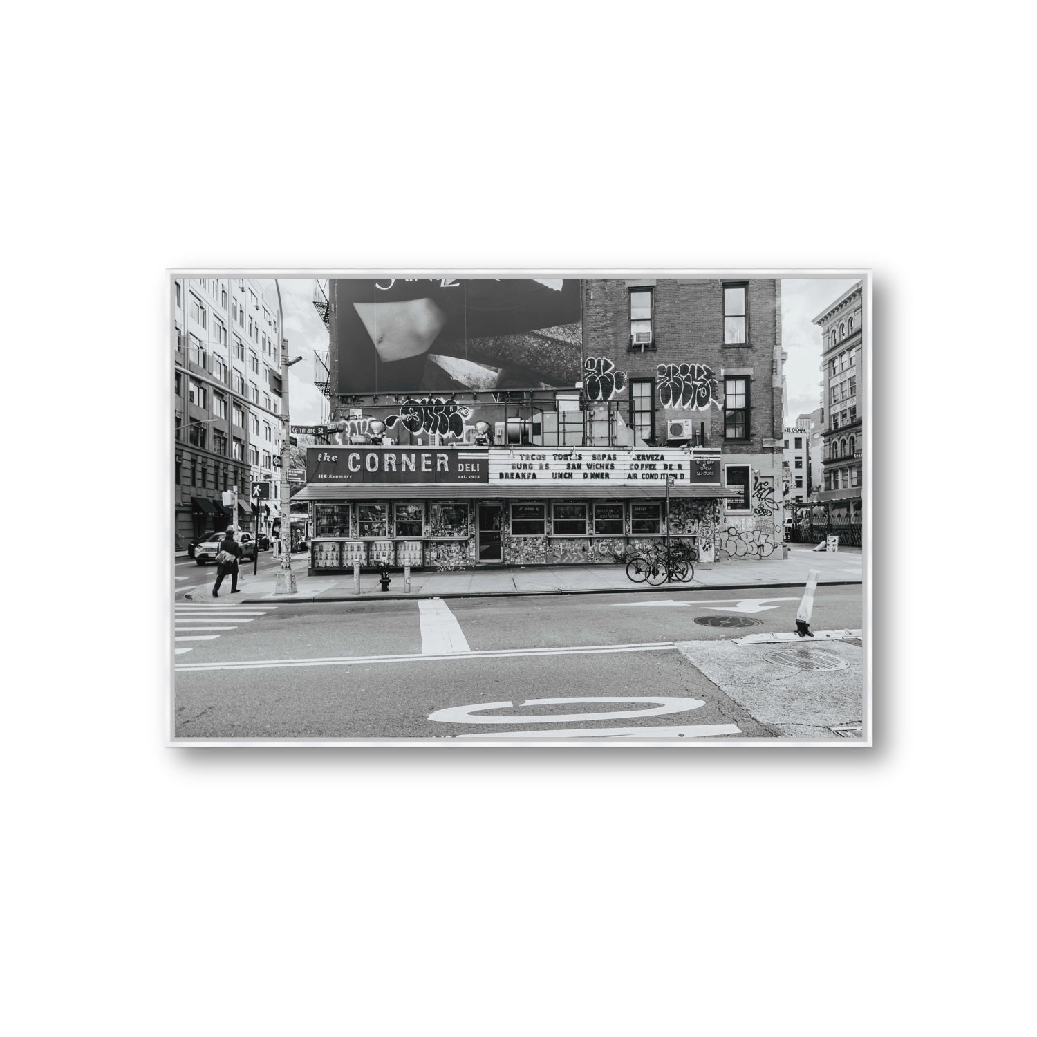 Kenmare Street New York NYC Black & White wall art Giant fine art canvas in white float frame