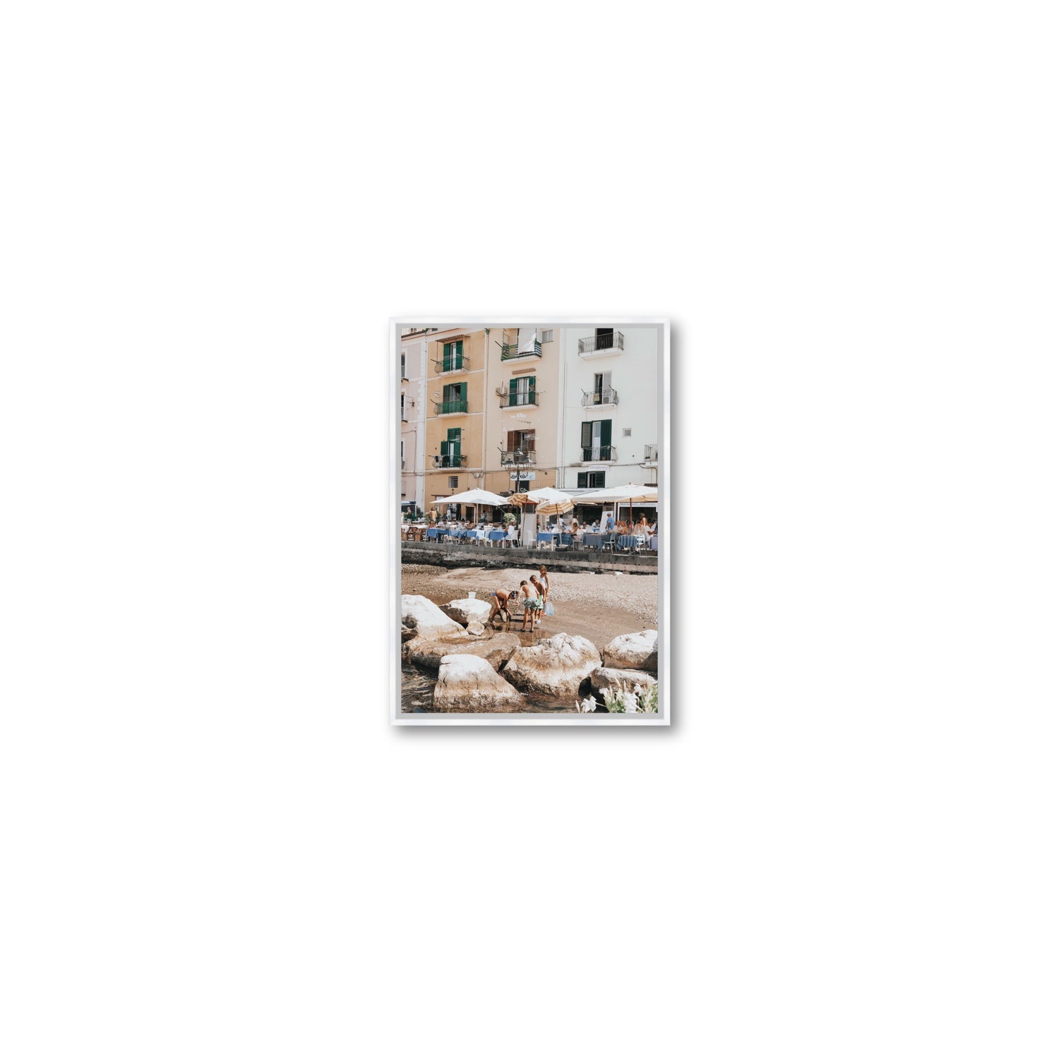 Sunny Playtime Sorrento coastal wall art Small fine art canvas in white float frame