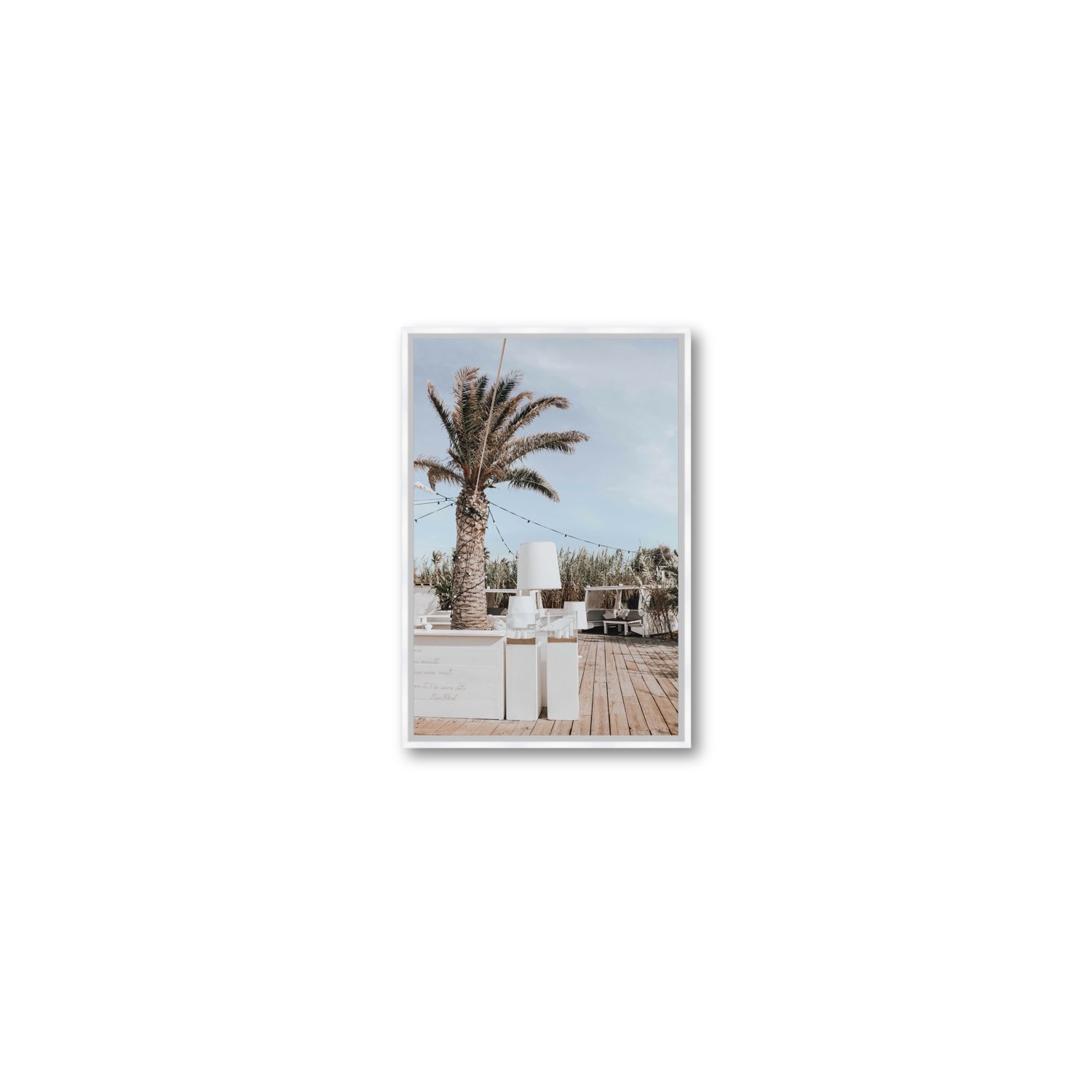 Seabreeze Palm Puglia coastal beach wall art Small fine art canvas in white float frame