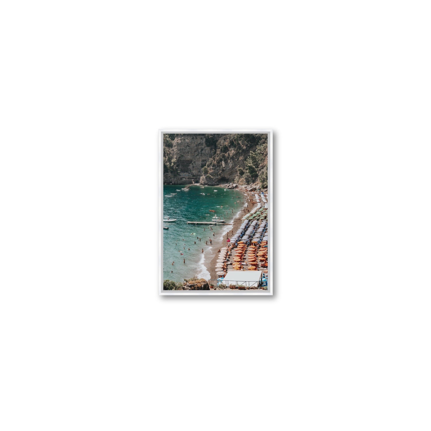 Parasol Panorama fine art print, Positano, Italy, Small, White Float Frame, Fine Art Canvas
