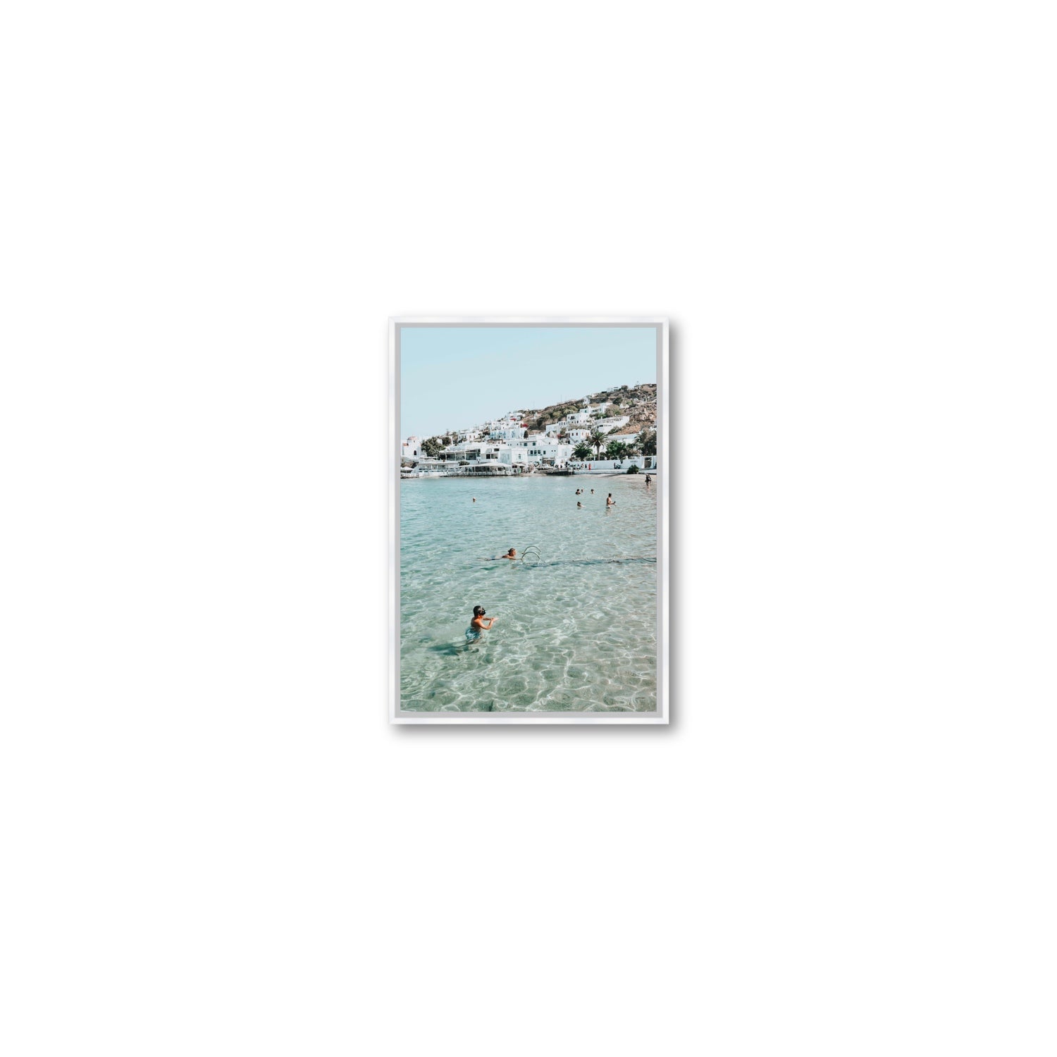Beside The Seaside Mykonos beach Greek island wall art Small fine art canvas in white float frame