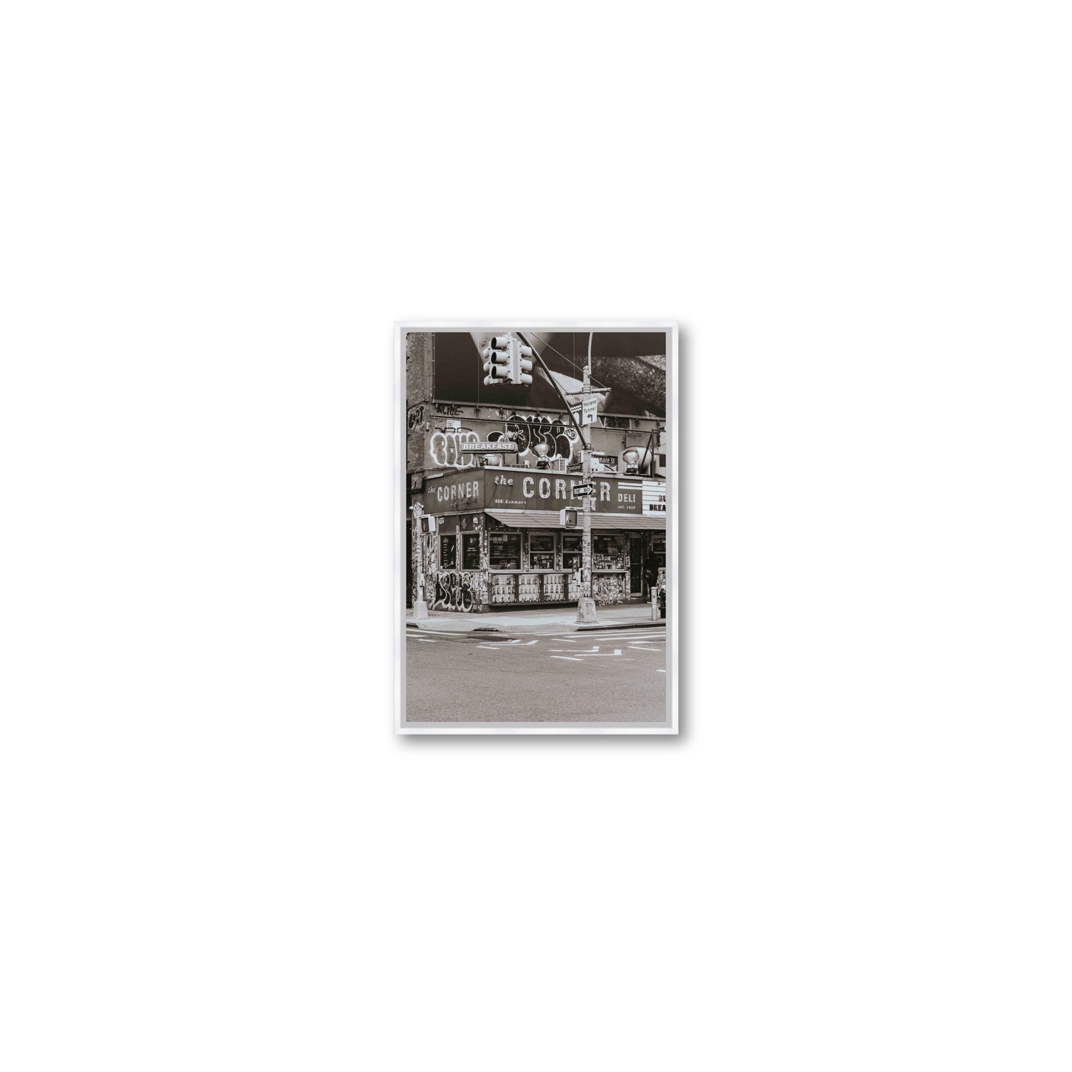Soho Deli New York NYC Black & White wall art Small fine art canvas in white float frame