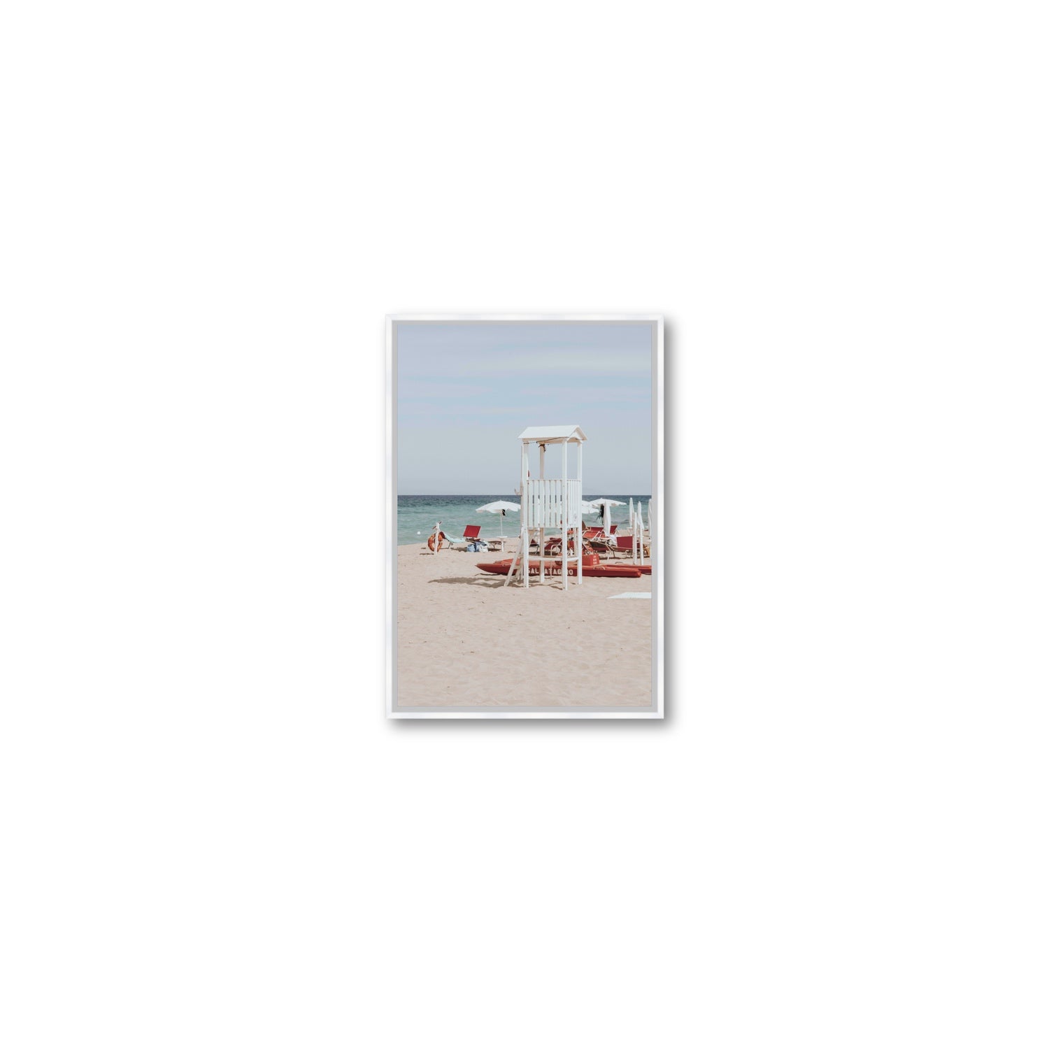 Barefoot Bliss Puglia beach Italian coastal decor wall art Small fine art canvas in white float frame
