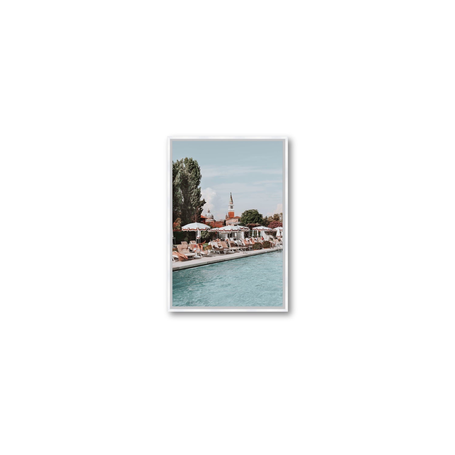 Poolside Perch Venice Italian wall art Small fine art canvas in white float frame