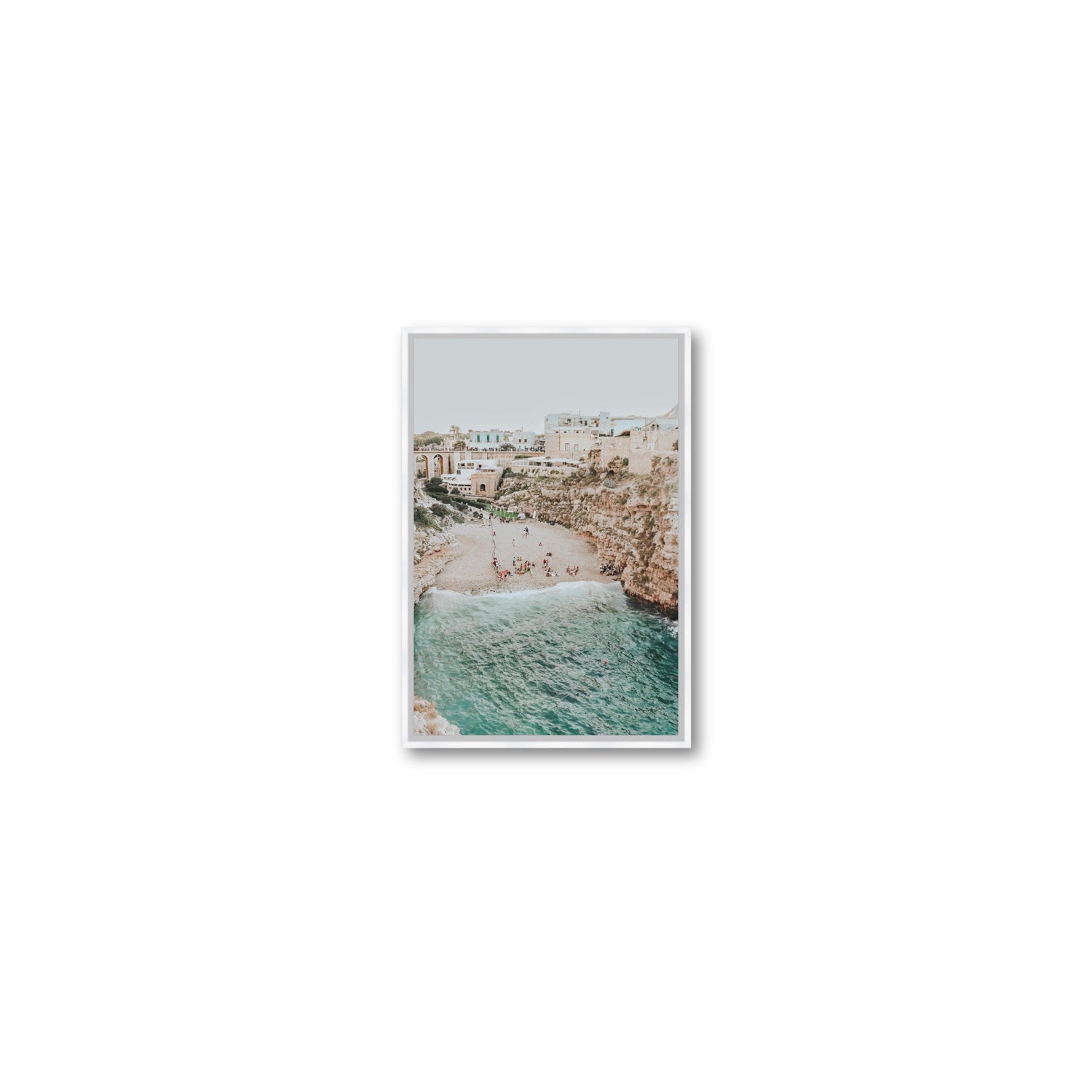 Polignano Vista Puglia coastal Italian beach fine art print Small fine art canvas in white float frame