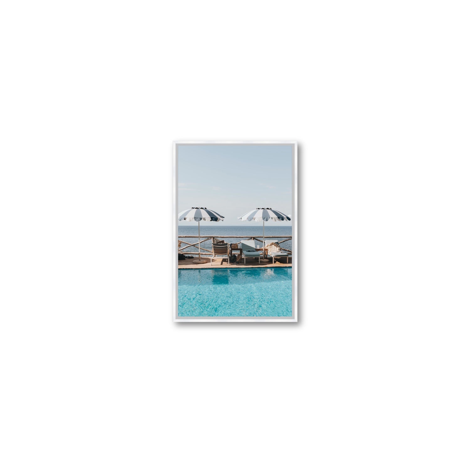 Beach Retreat fine art print, Ischia, Italy, european beach clubs artwork, Small, White Float Frame, Fine Art Canvas