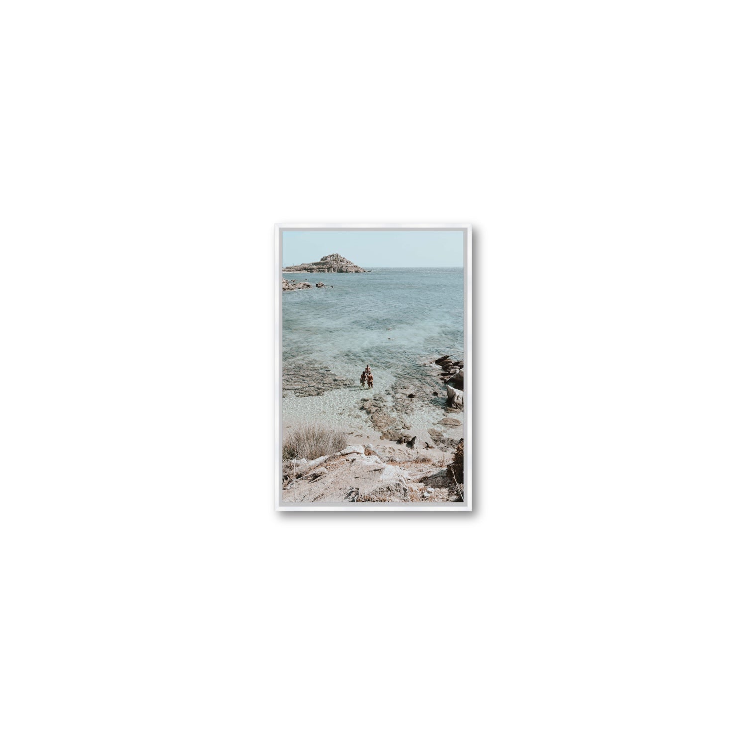 Island Life Mykonos coastal Greek island wall art Small fine art canvas in white float frame