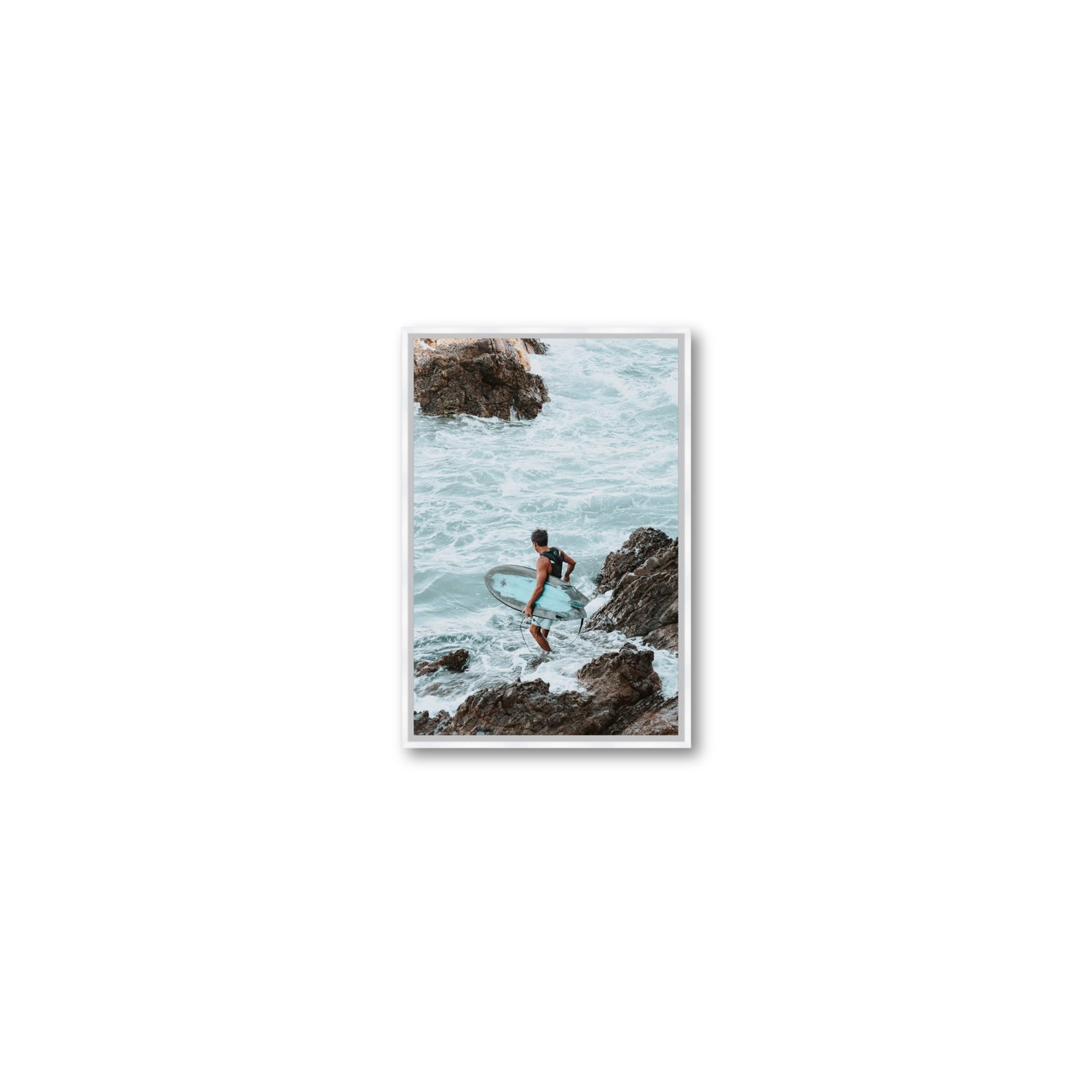 Into The Soup Byron Bay Surf coastal wall art Small fine art canvas in white float frame