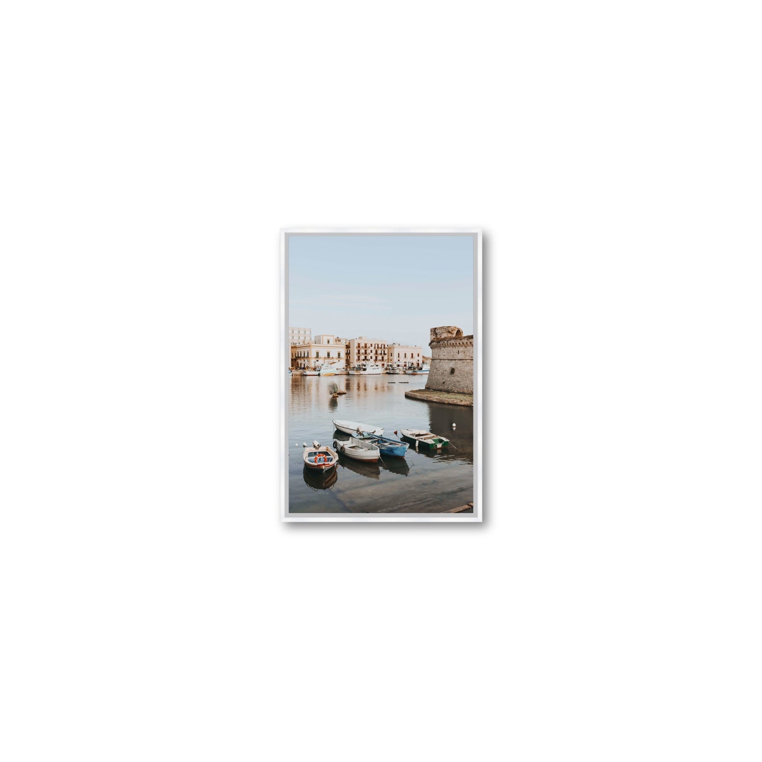 Gallipoli Harbour Puglia coastal wall art Small fine art canvas in white float frame